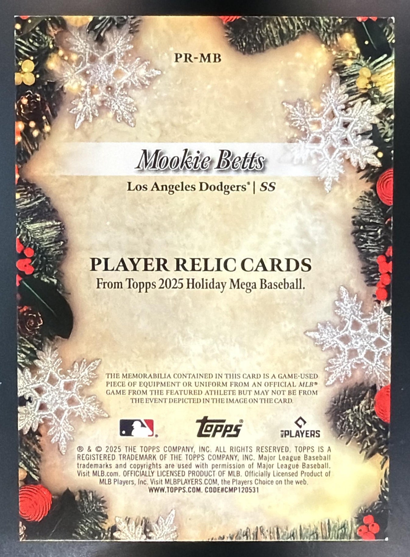 2025 Topps Holiday Mookie Betts #PR-MB Player Relics Blue Metallic /299 MEM — back