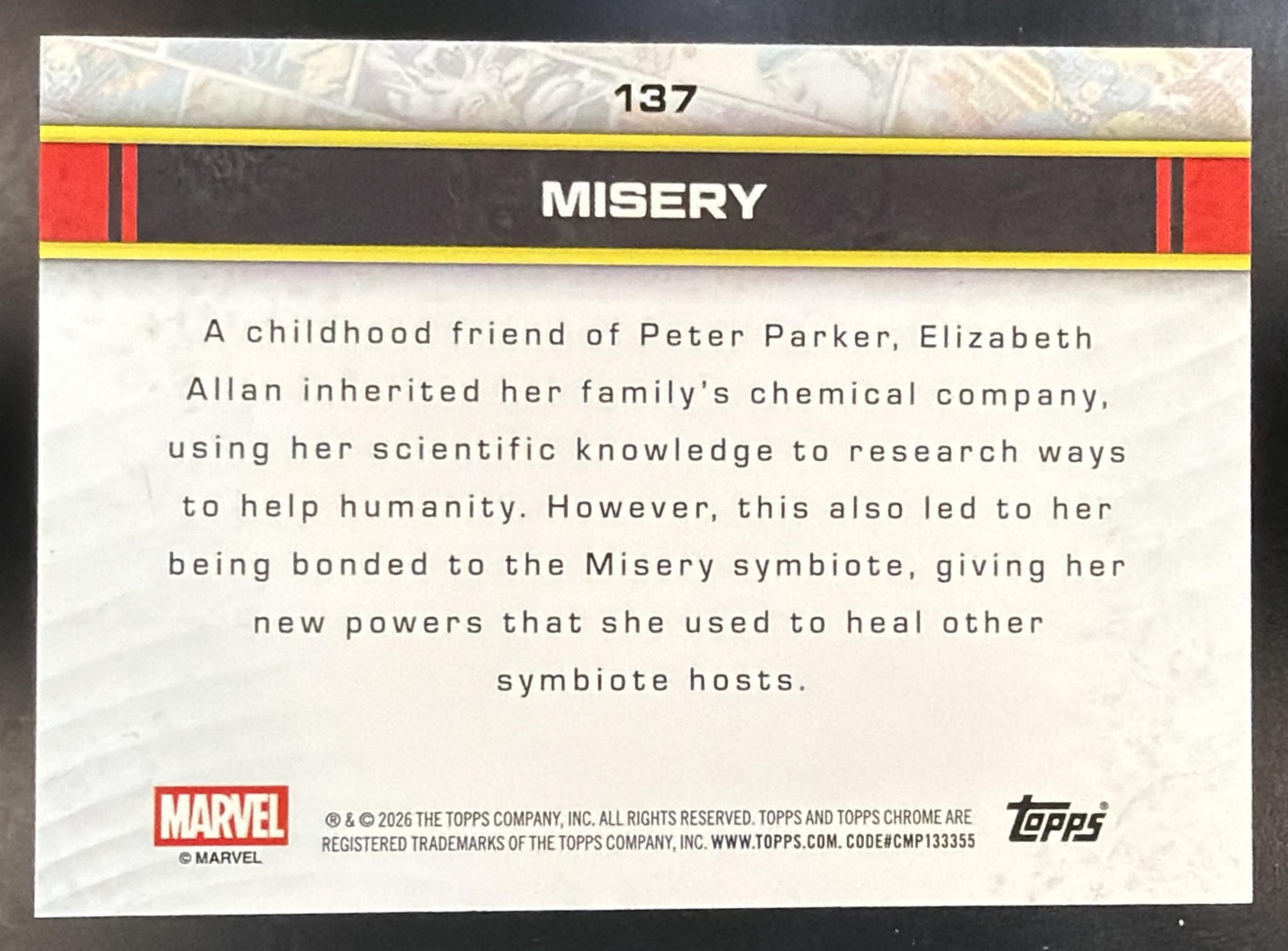 2026 Topps Chrome Marvel Comics Misery #137 Human Torch Refractor /39 — back