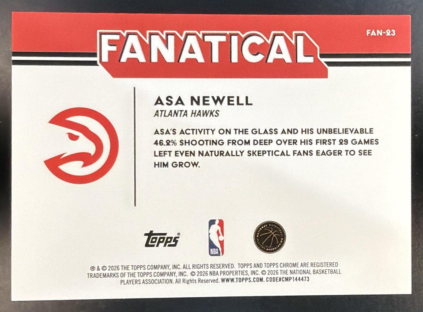 2025-26 Topps Chrome Update Asa Newell #FAN-23 Fanatical RC Hawks — back