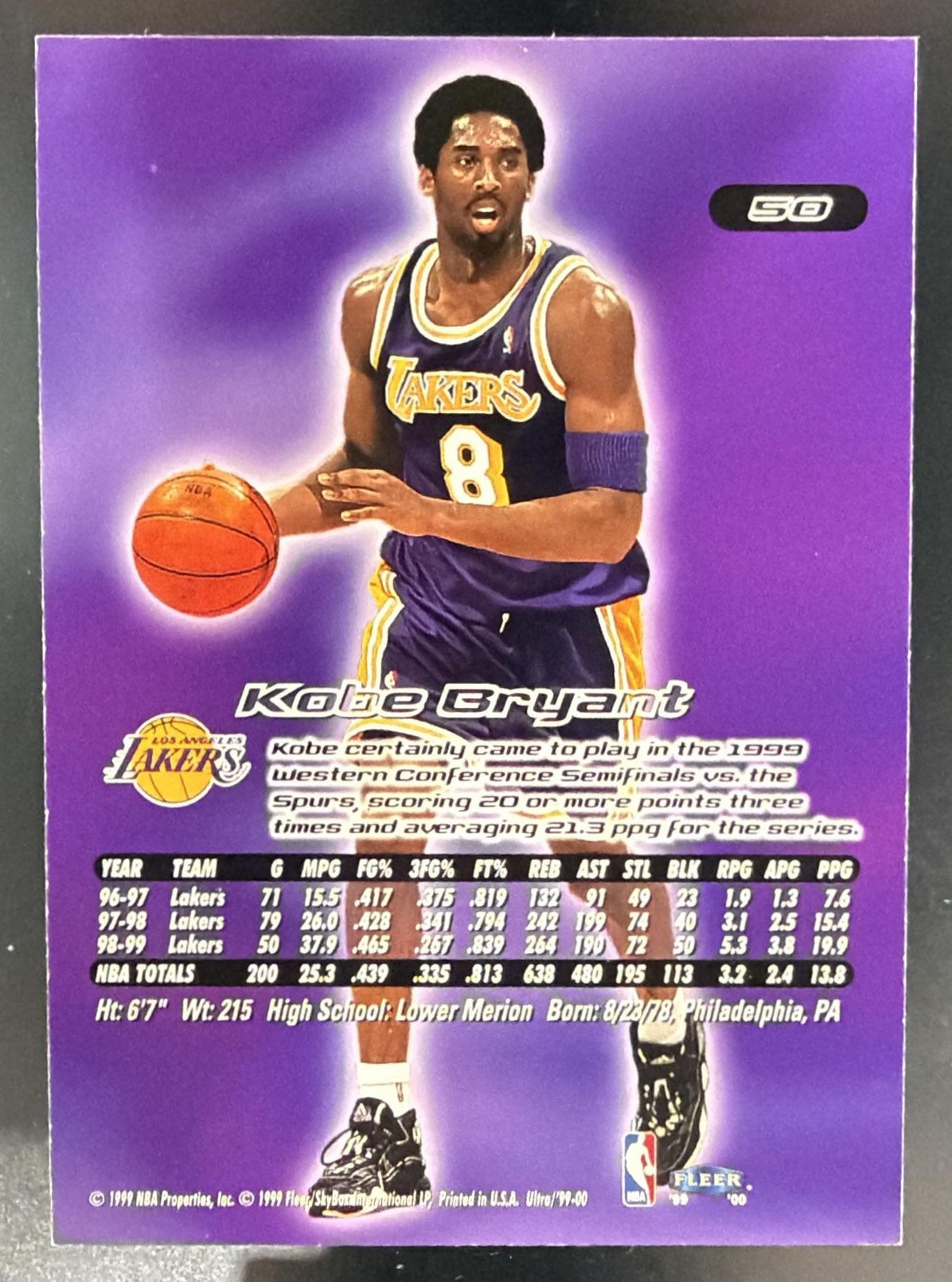 1999-00 Fleer Ultra Kobe Bryant #50 Lakers — back