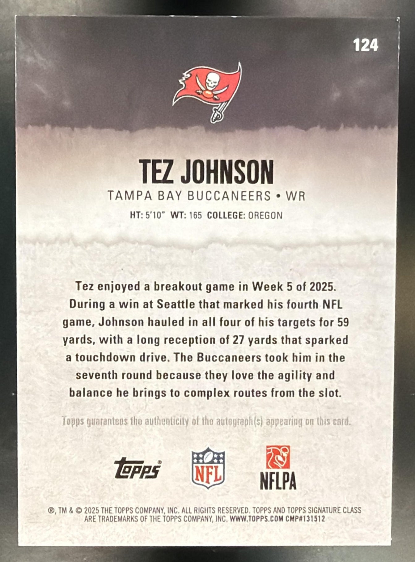 2025 Topps Signature Class Tez Johnson #124 Rookie Auto Purple Foil /100 RC — back