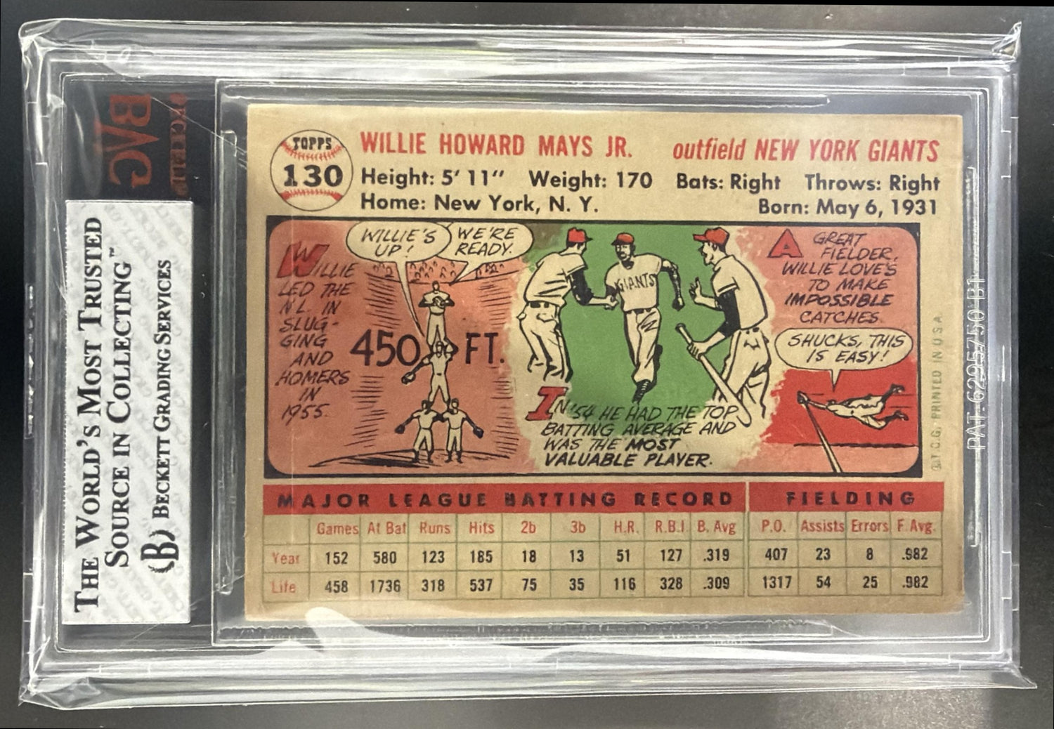 1956 Topps Willie Mays #130a - VAR BGS 3 — back