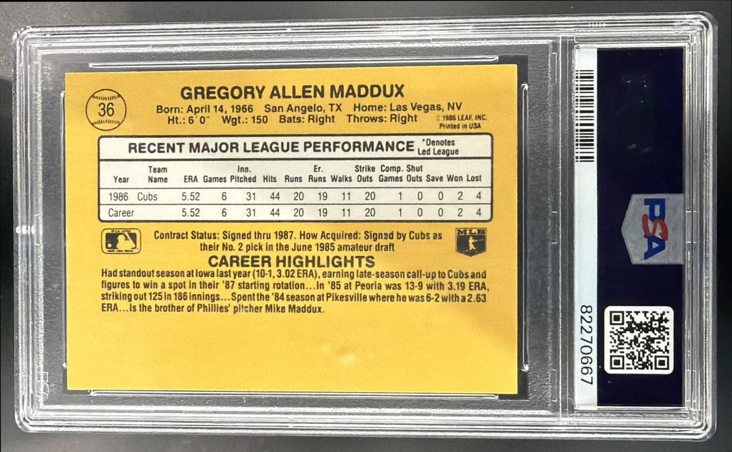 1987 Donruss Greg Maddux #36 RC Cubs PSA 8 — back
