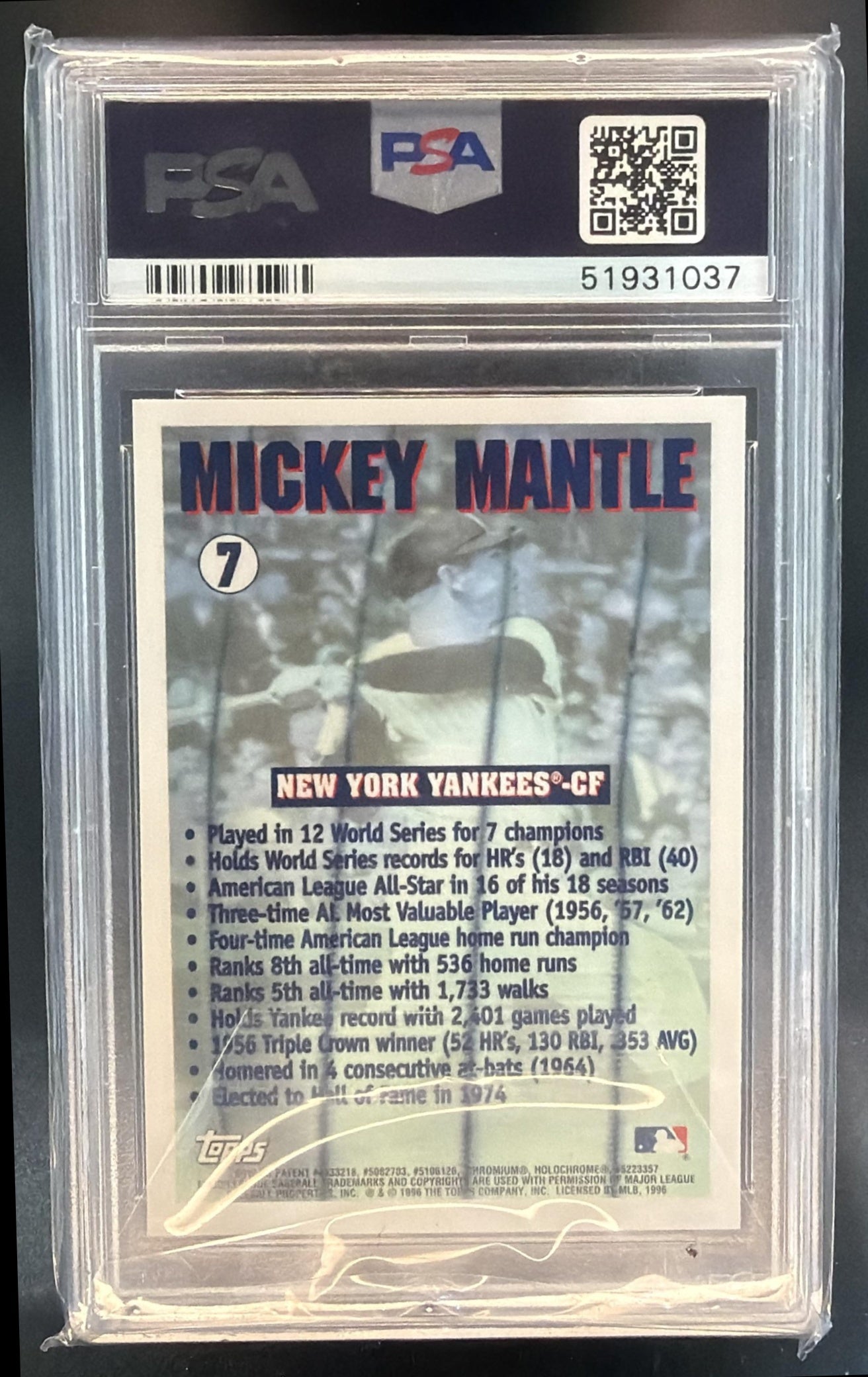 1996 Topps Chrome Mickey Mantle #7 Yankees PSA 9 — back