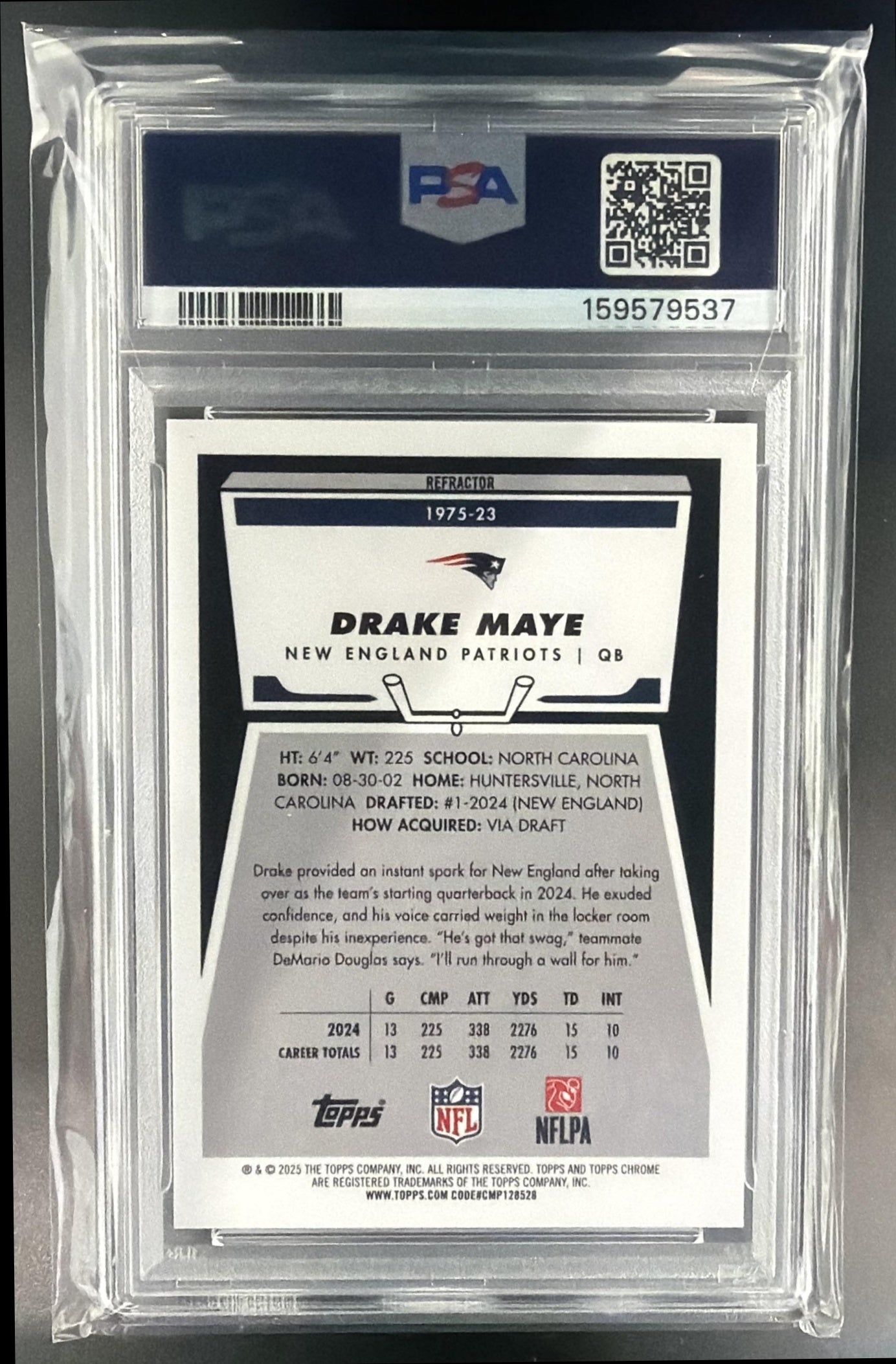 2025 Topps Chrome Drake Maye #1975-23 1975 Refractor Patriots PSA 9 — back