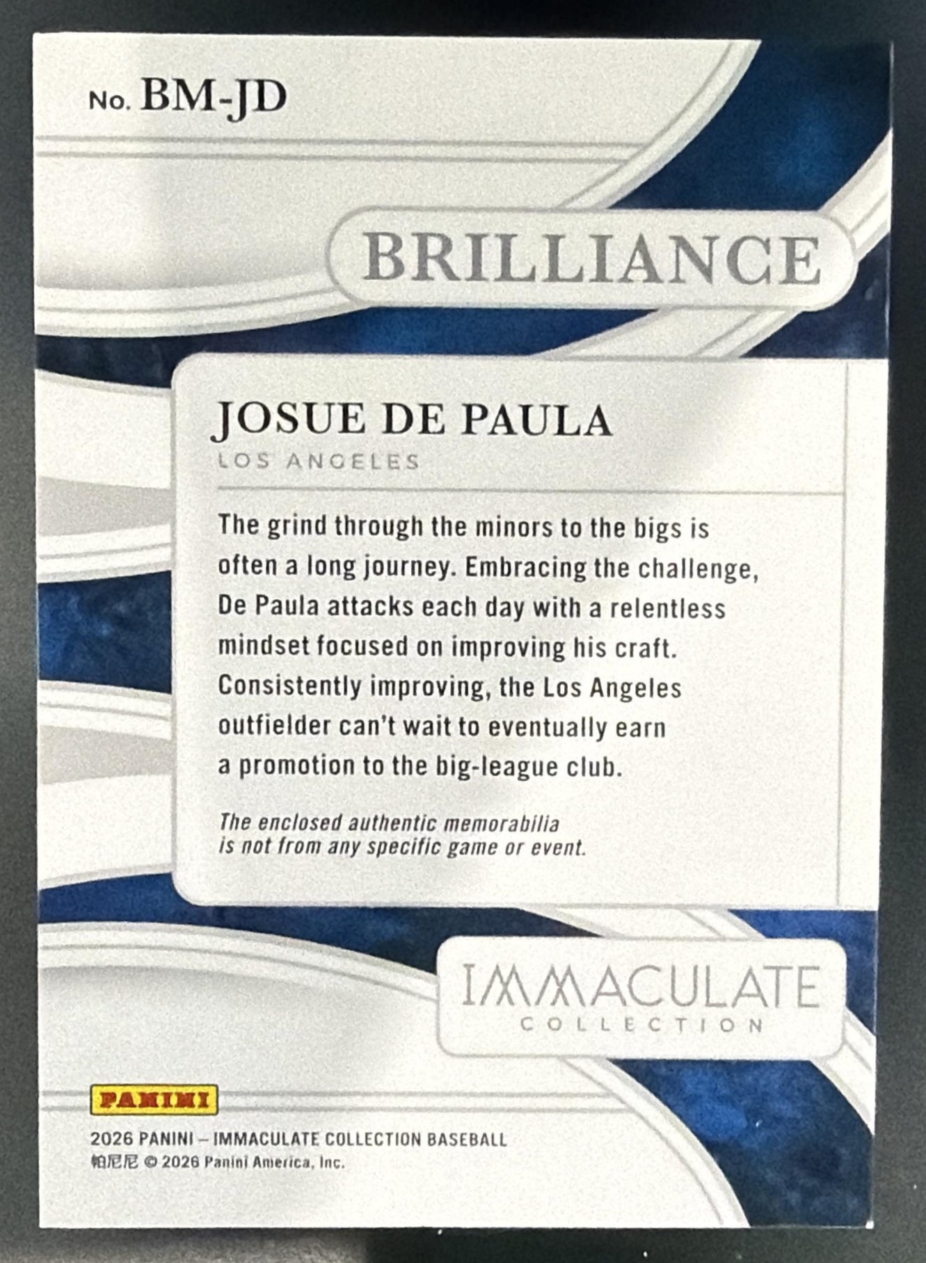 2026 Immaculate Collection Josue De Paula Brilliance Memorabilia /99 MEM RC — back