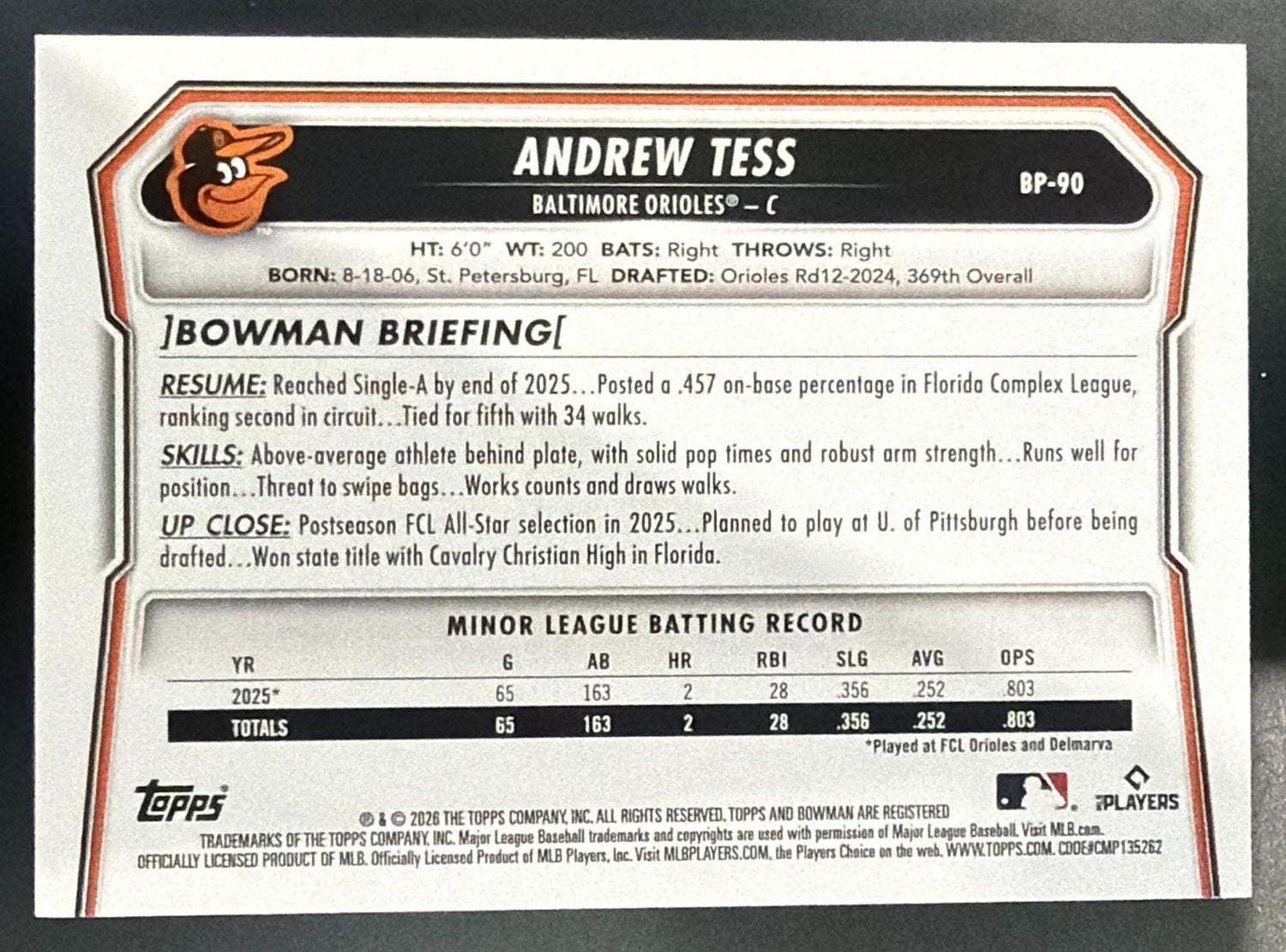 2026 Bowman Andrew Tess #BP-90 Black Border 7/10 1st Prospect Orioles — back