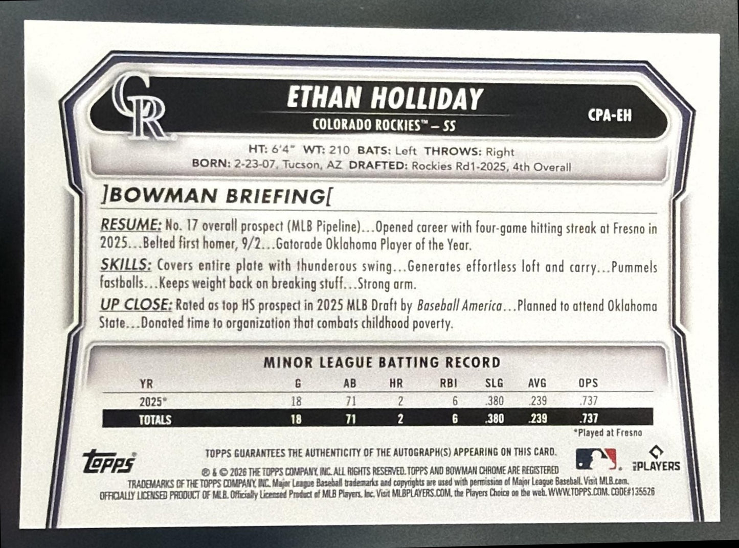 2026 Bowman Ethan Holliday Chrome Auto Mini-Diamond Refractor /100 1st Prospect — back
