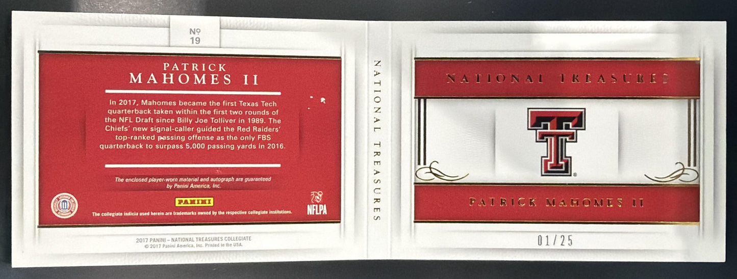 2017 National Treasures Collegiate Patrick Mahomes II Booklet /25 MEM Auto RC — back