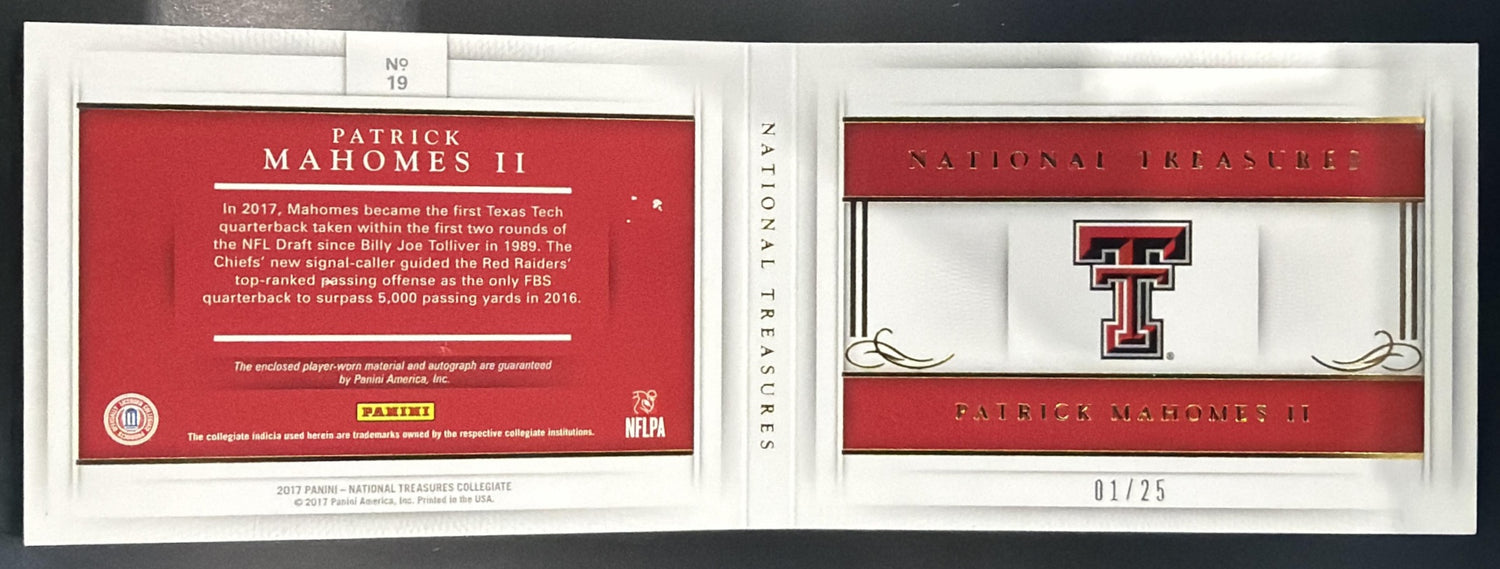 2017 National Treasures Collegiate Patrick Mahomes II Booklet /25 MEM Auto RC — back