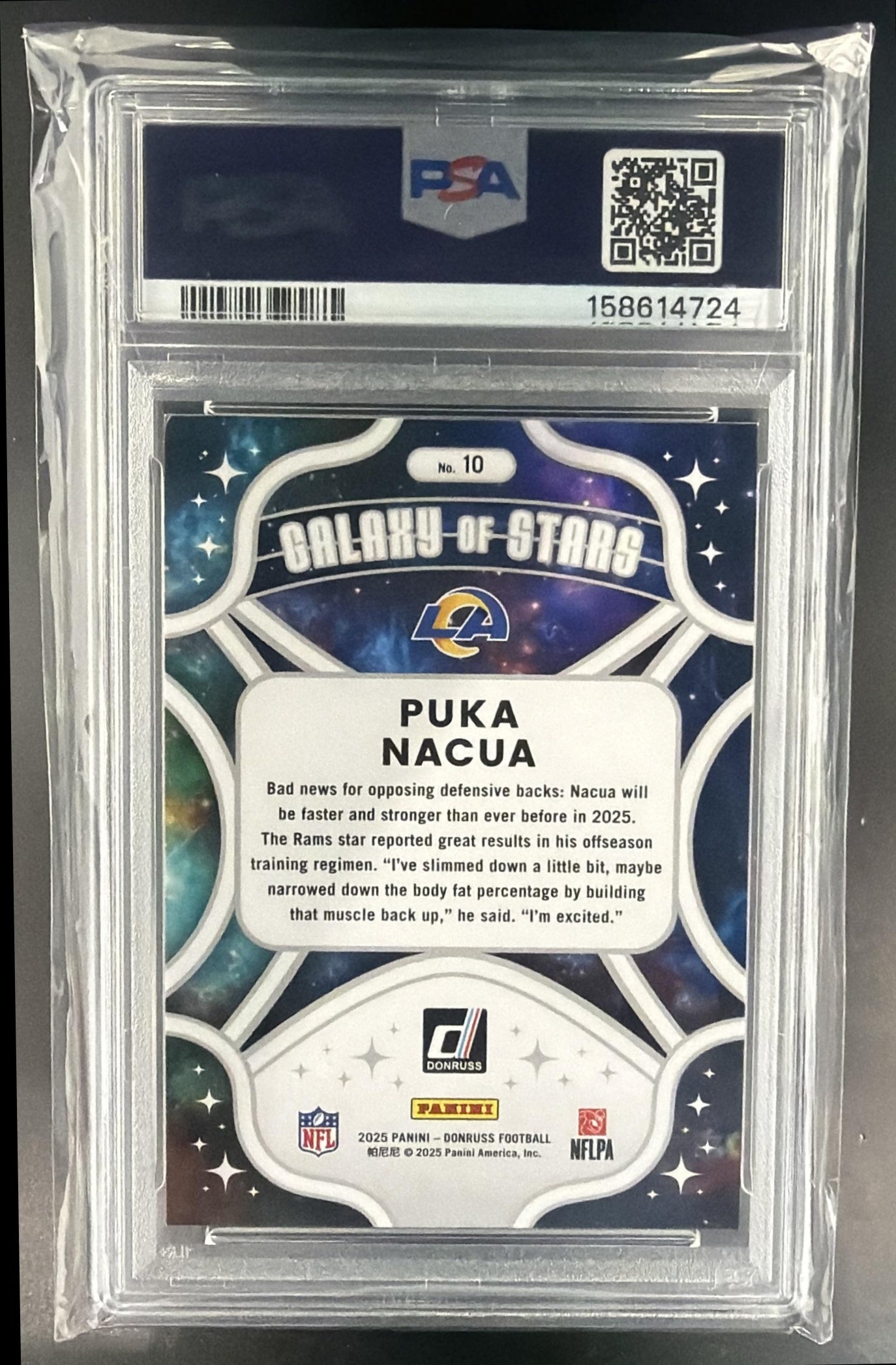 2025 Panini Donruss Puka Nacua #10 Galaxy of Stars Rams PSA 9 — back