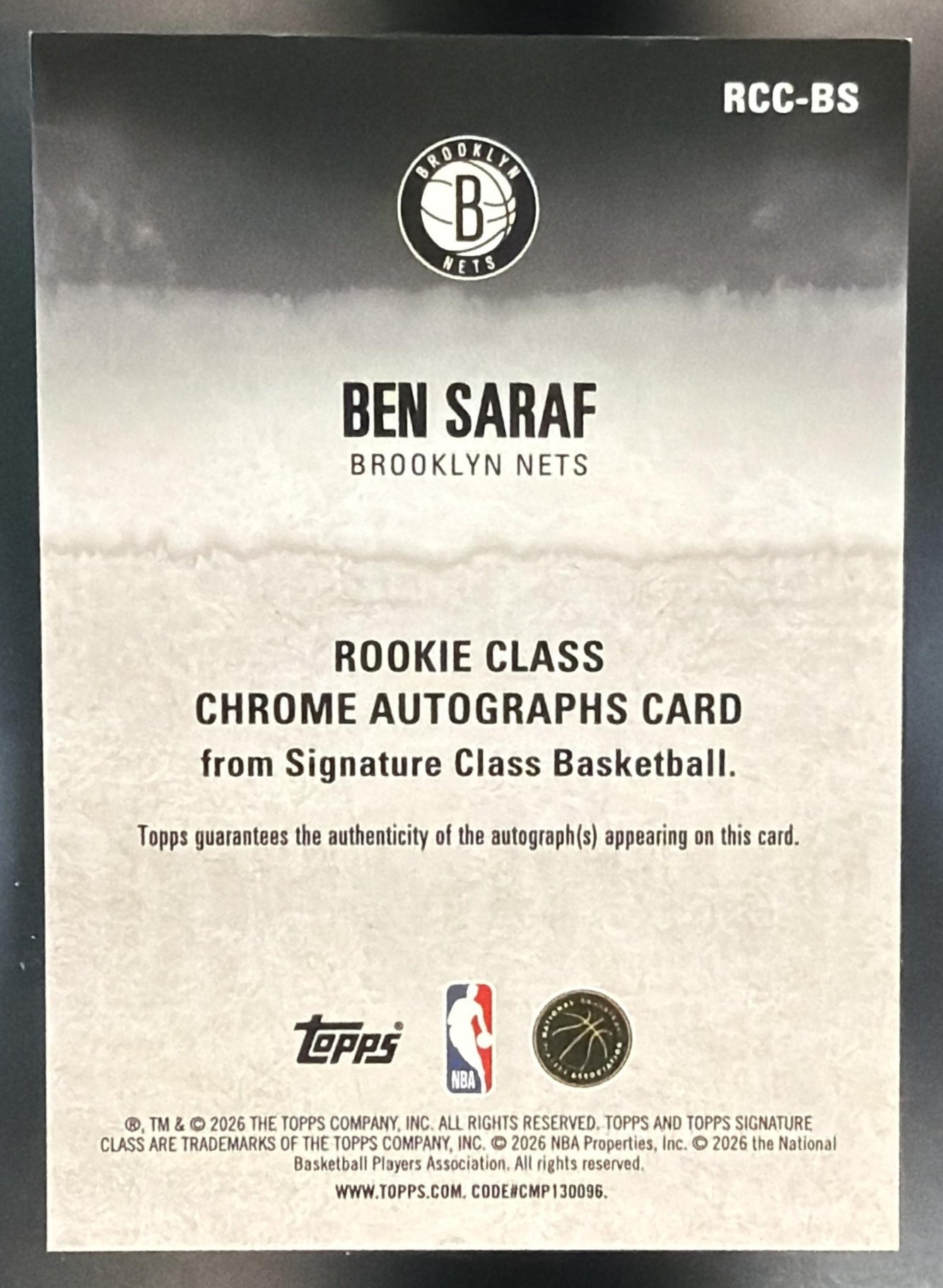 2025-26 Topps Signature Class Ben Saraf #RCC-BS Rookie Chrome Auto RC Nets — back