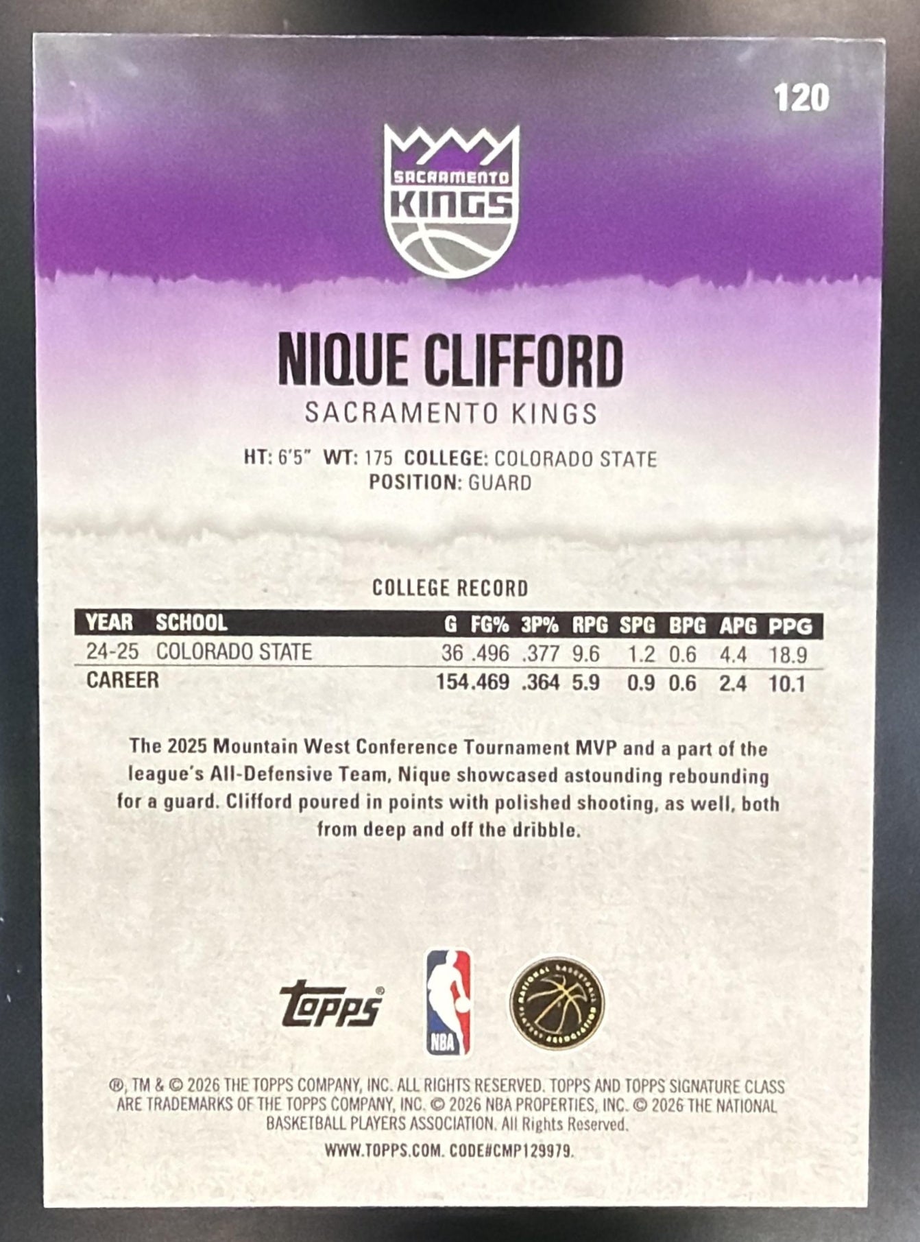 2025 Topps Signature Class Nique Clifford #120 Rookie Purple Foil /100 RC — back
