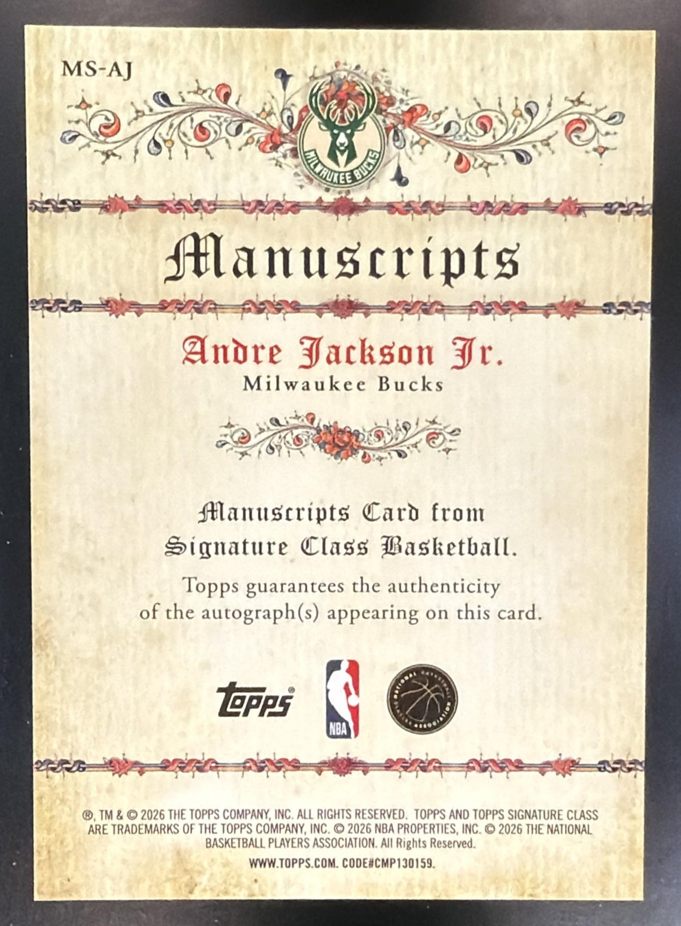 2025-26 Topps Signature Class Andre Jackson Jr. #MS-AJ Manuscripts Auto Bucks — back