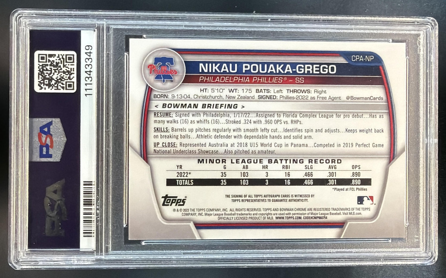 2023 Bowman Nikau Pouaka-Grego #CPA-NP Chrome Auto 1st Prospect Phillies PSA 10 — back