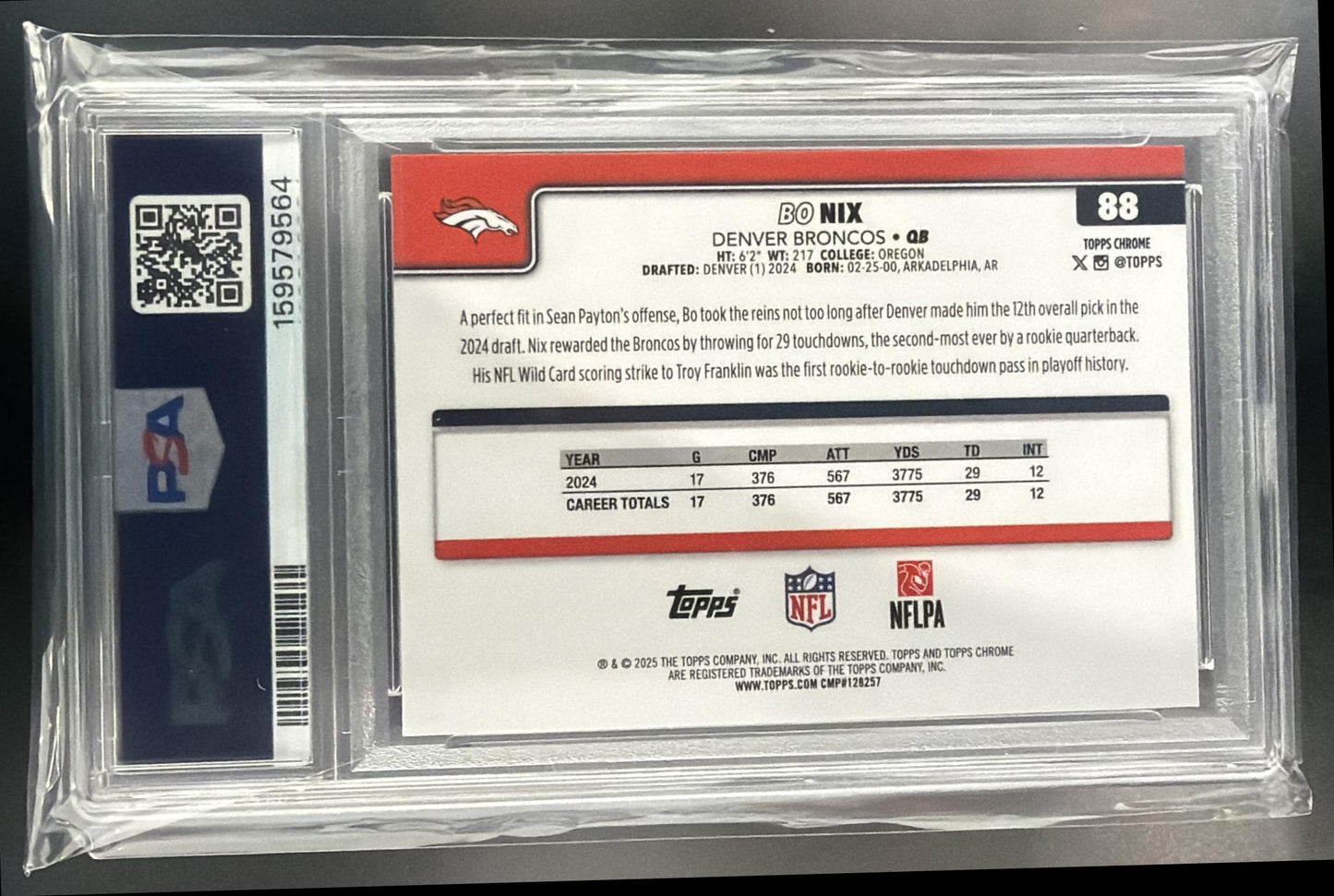 2025 Topps Chrome Bo Nix #88 Red/White/Blue Refractor Broncos PSA 9 — back