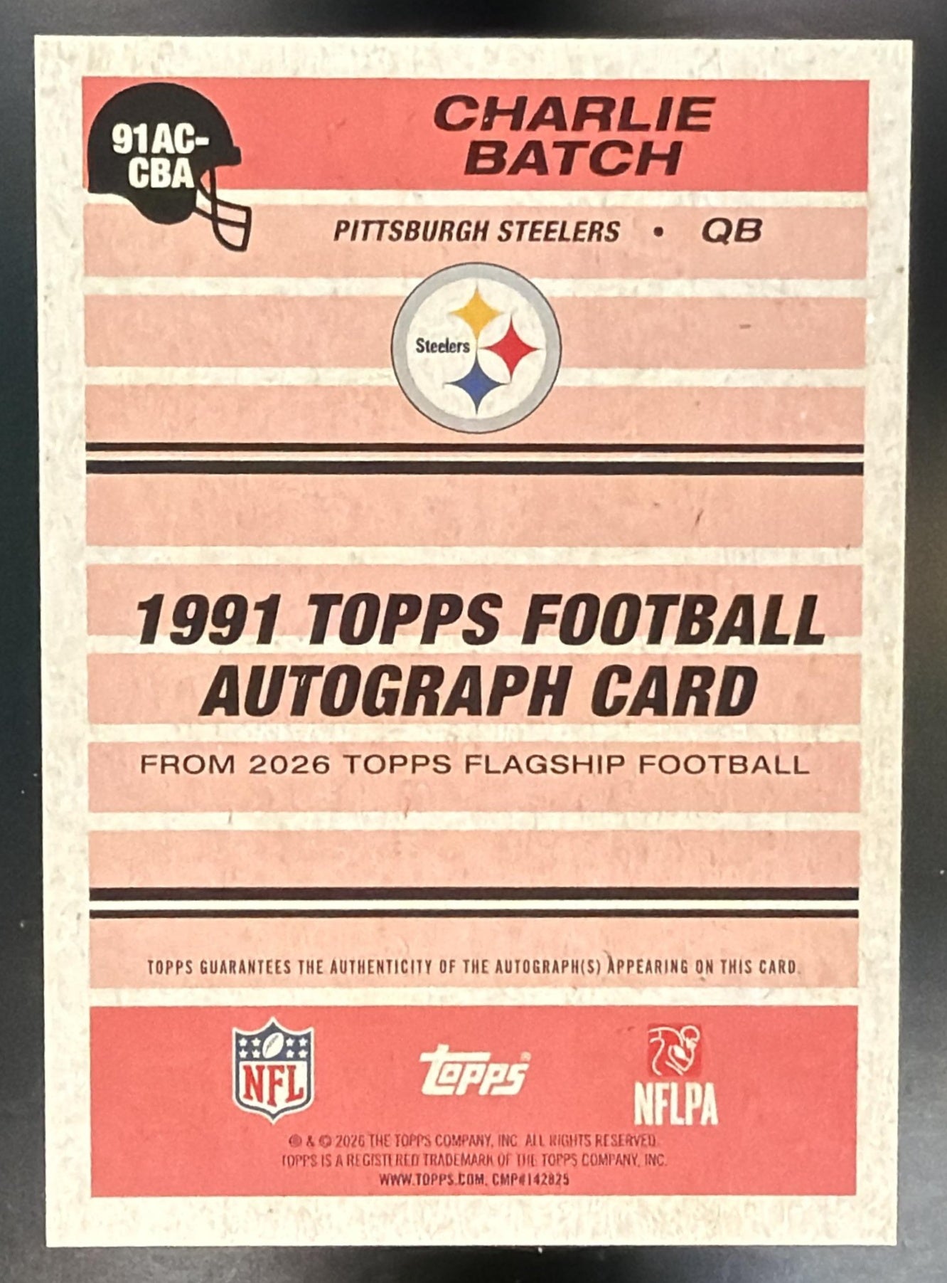 2026 Topps Charlie Batch #91AC-CBA 1991 Auto Blue 12/150 Steelers — back
