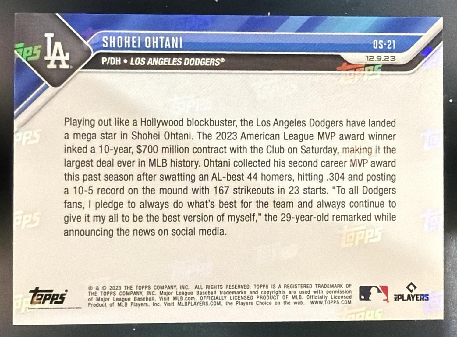 2023 Topps Now Off-Season Shohei Ohtani #OS-21 Dodgers — back