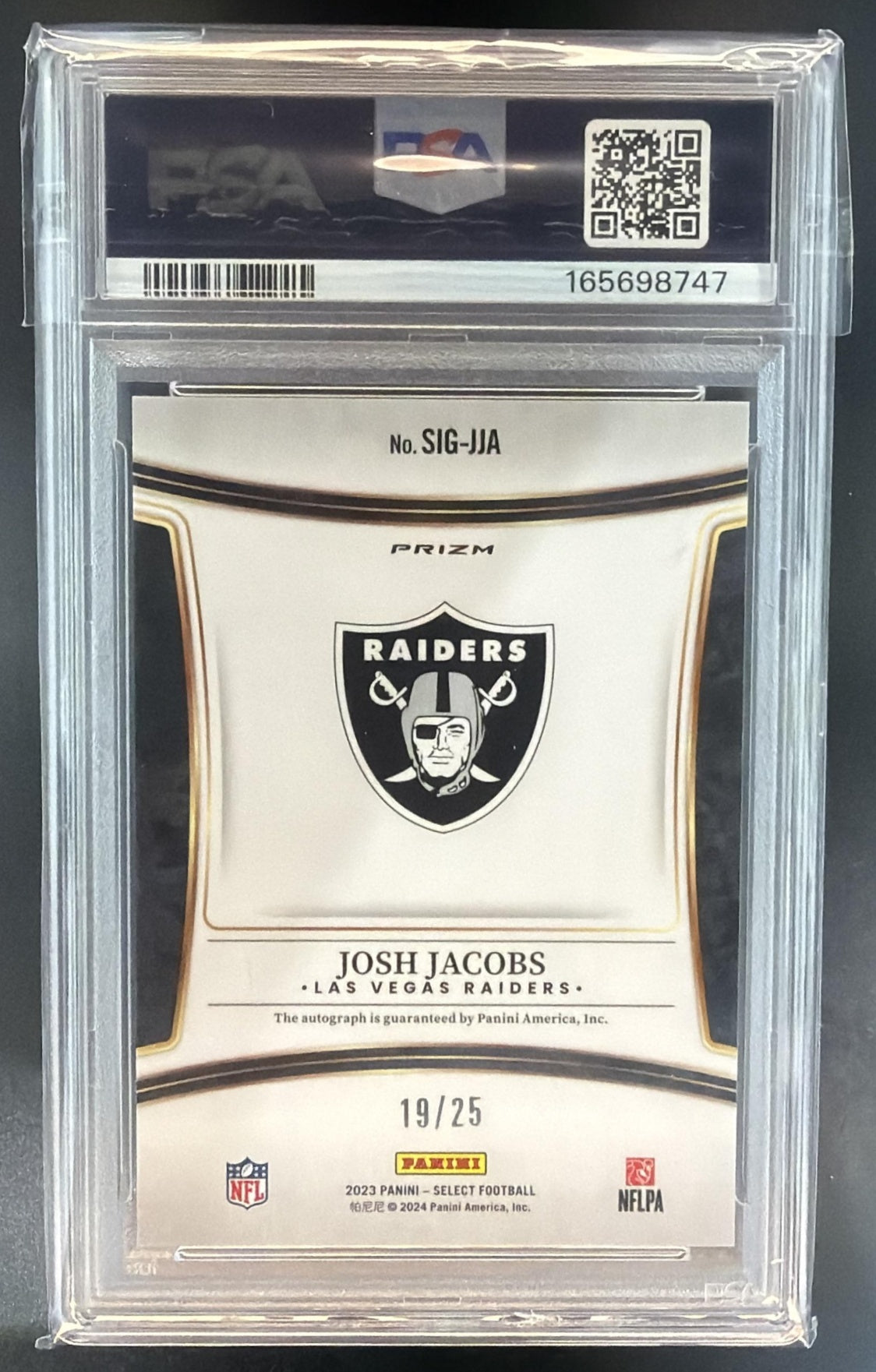 2023 Panini Select Josh Jacobs #SIG-JJA Signatures Tie Dye Prizm /25 Auto PSA 10 — back