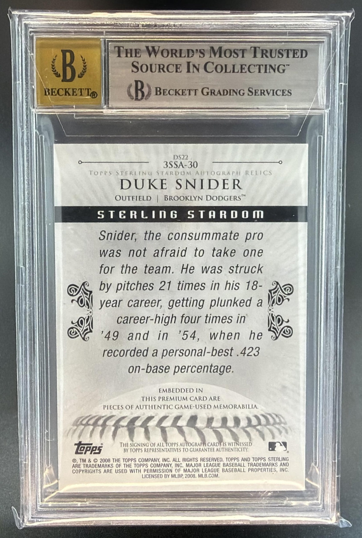 2008 Topps Sterling Duke Snider #3SSA-30 Stardom Relics Auto Triple /10 BGS 8 — back