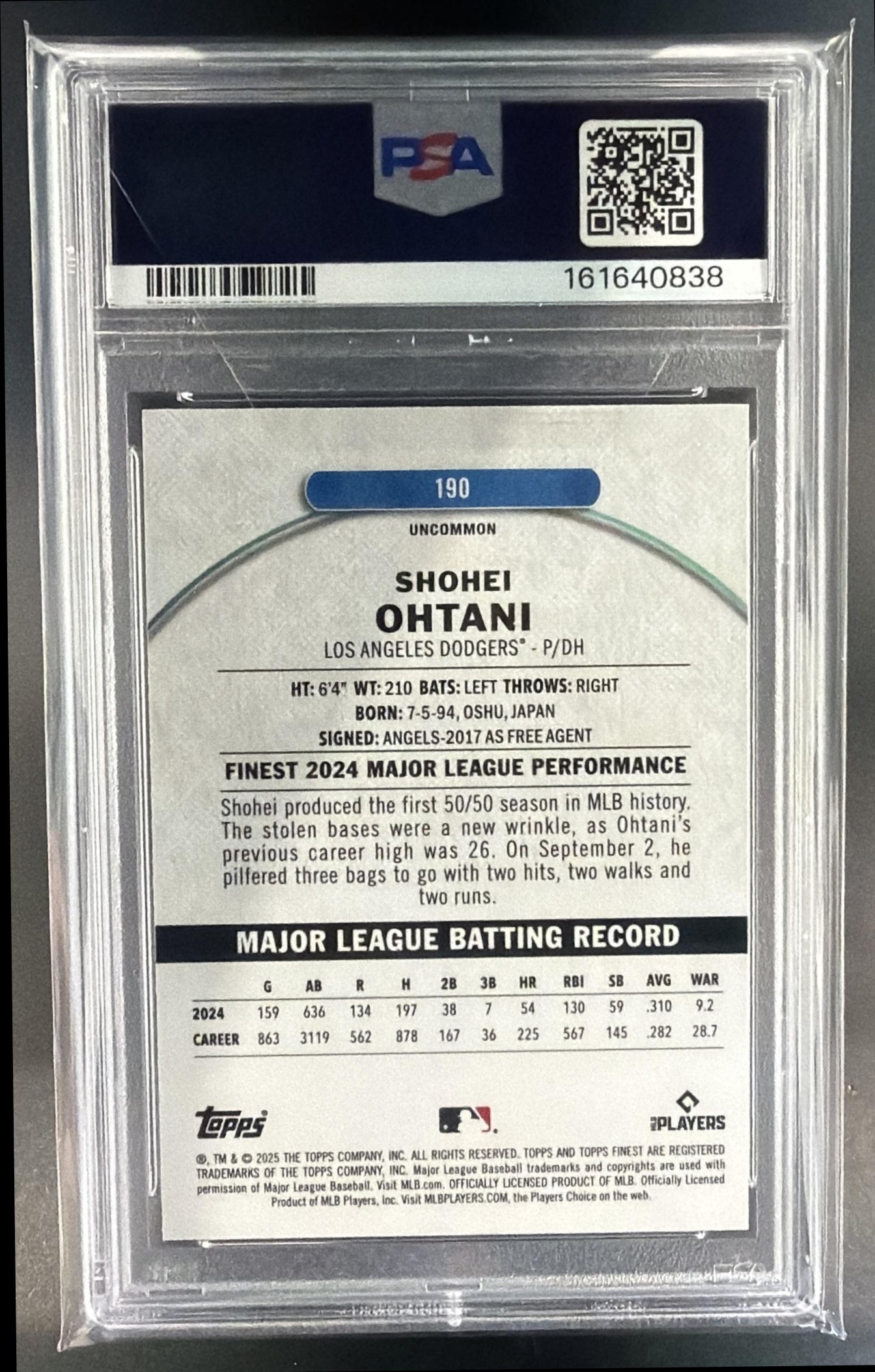 2025 Topps Finest Shohei Ohtani #190 Uncommon Magenta Refractor /300 PSA 10 — back