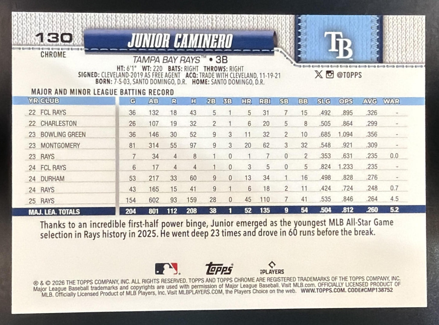 2026 Topps Chrome Junior Caminero #130 Image Variation Purple Refractor /75 Rays — back