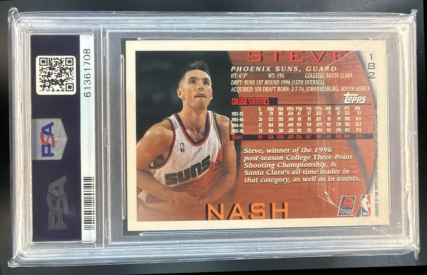 1996-97 Topps Steve Nash #182 RC Suns PSA 9 — back