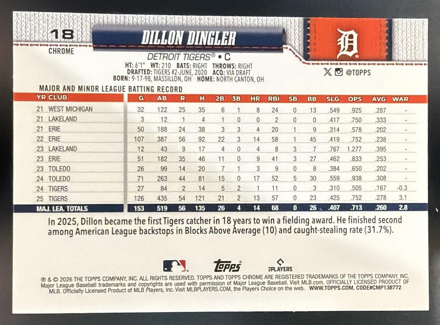 2026 Topps Chrome Dillon Dingler #18 Lightboard Logo Variation Tigers — back