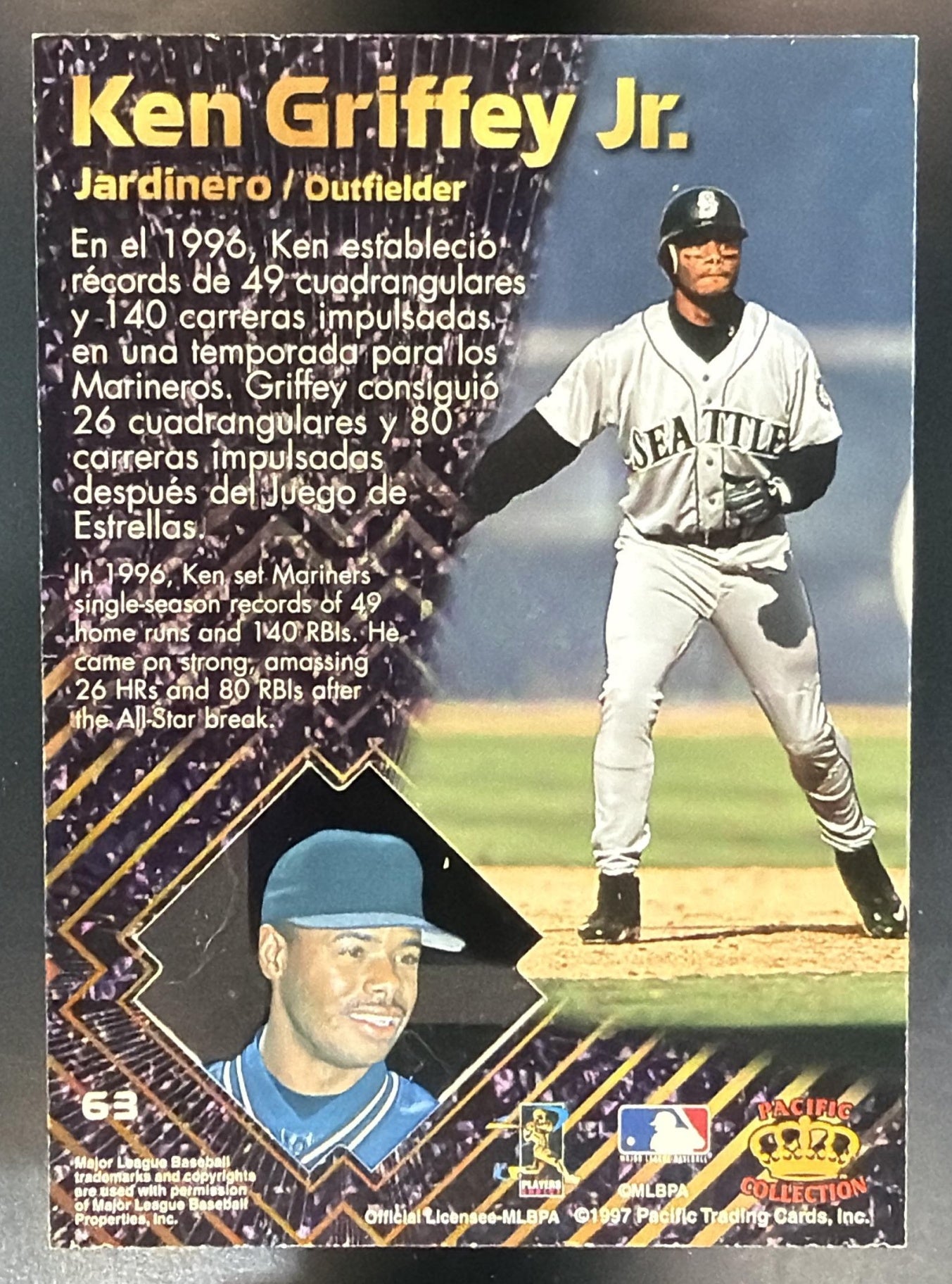 1997 Pacific Prism Invincible Ken Griffey Jr. #63 Mariners — back