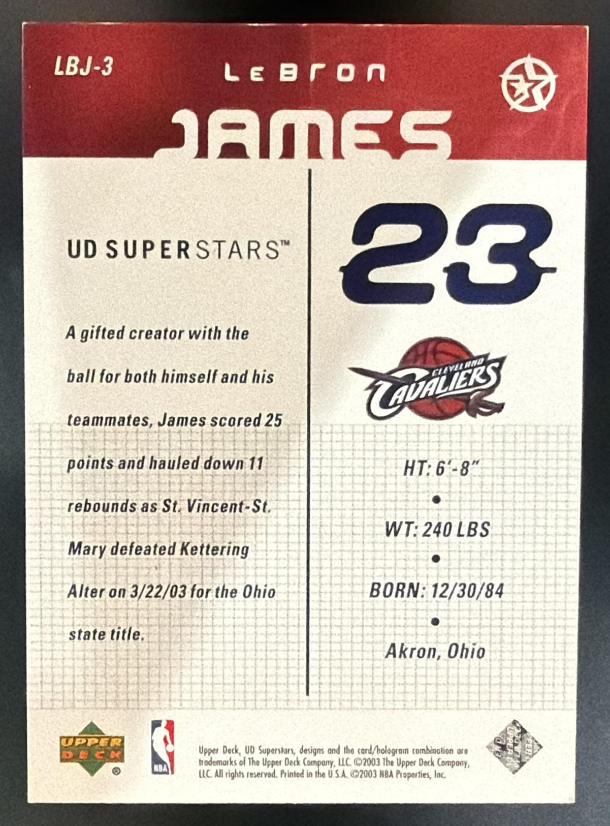 2003 Upper Deck SuperStars LeBron James #LBJ-3 Cavaliers — back