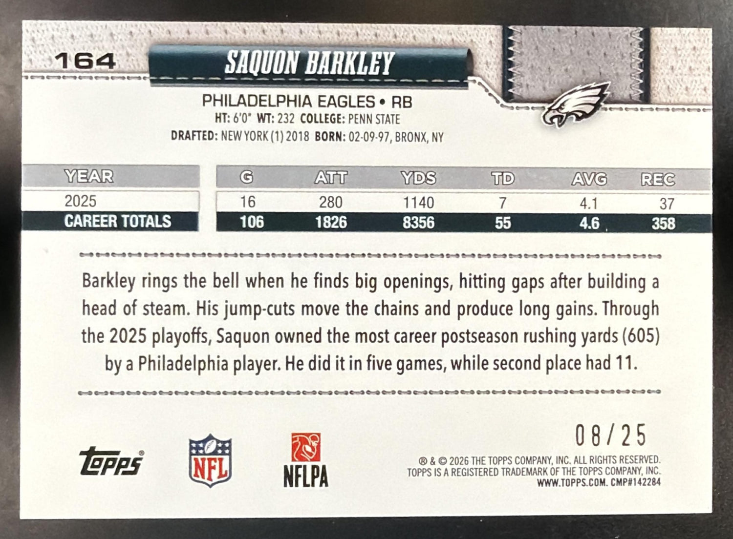 2026 Topps Saquon Barkley #164 Orange Rainbow Foil 8/25 Eagles — back