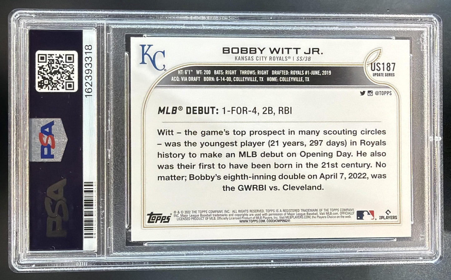 2022 Topps Update Bobby Witt Jr. #US187 RC Royals PSA 10 — back