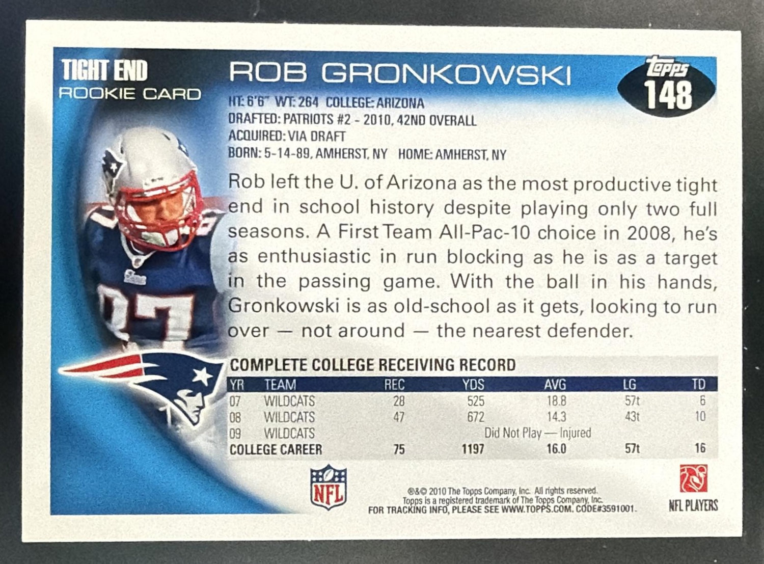 2010 Topps Rob Gronkowski #148a RC Patriots — back