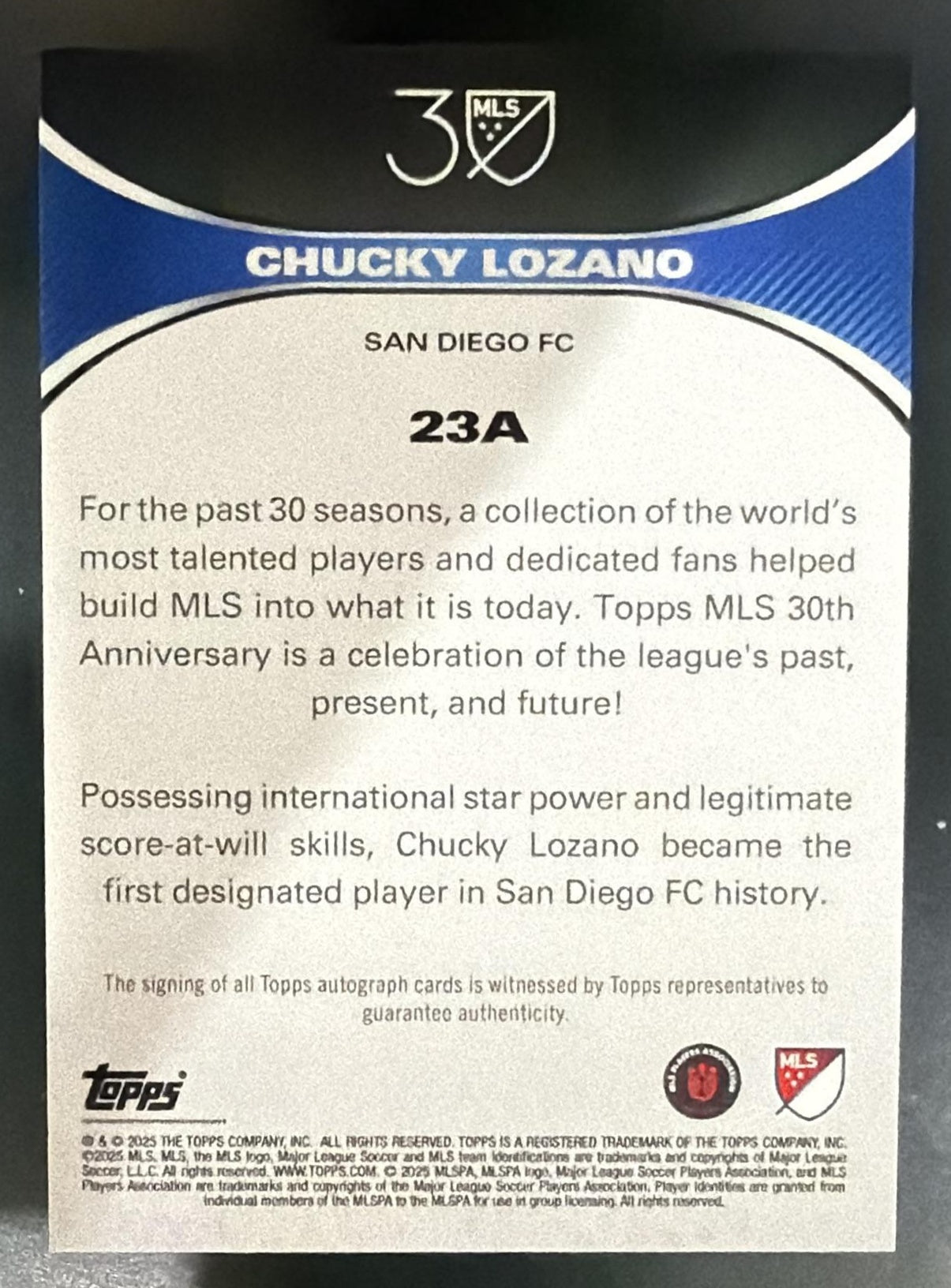 2025-26 Topps MLS 30th Anniversary Chucky Lozano #23 Silver Foil Auto /75 — back