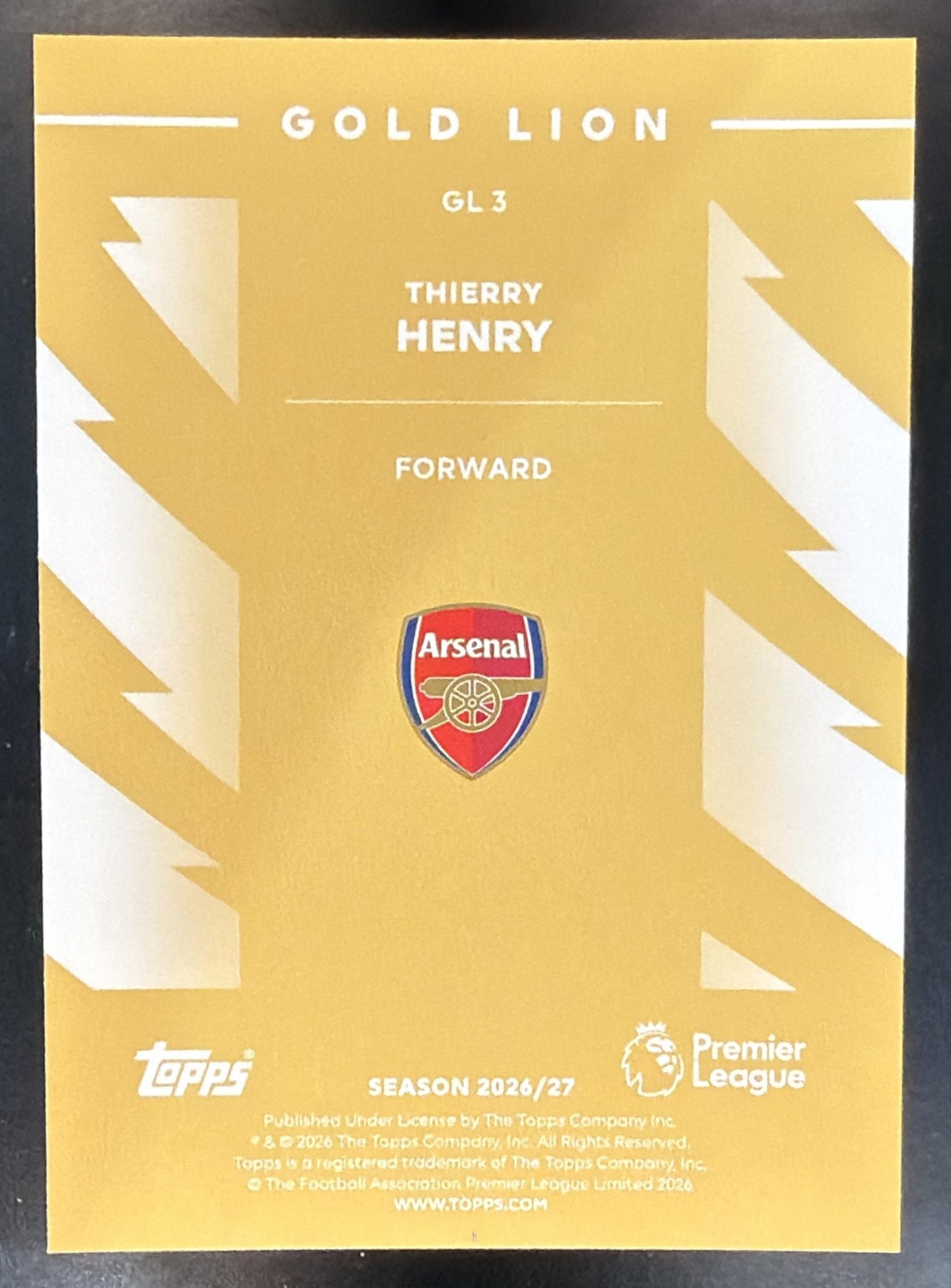 2026-27 Topps Premier League Thierry Henry #GL 3 Gold Lion Arsenal — back