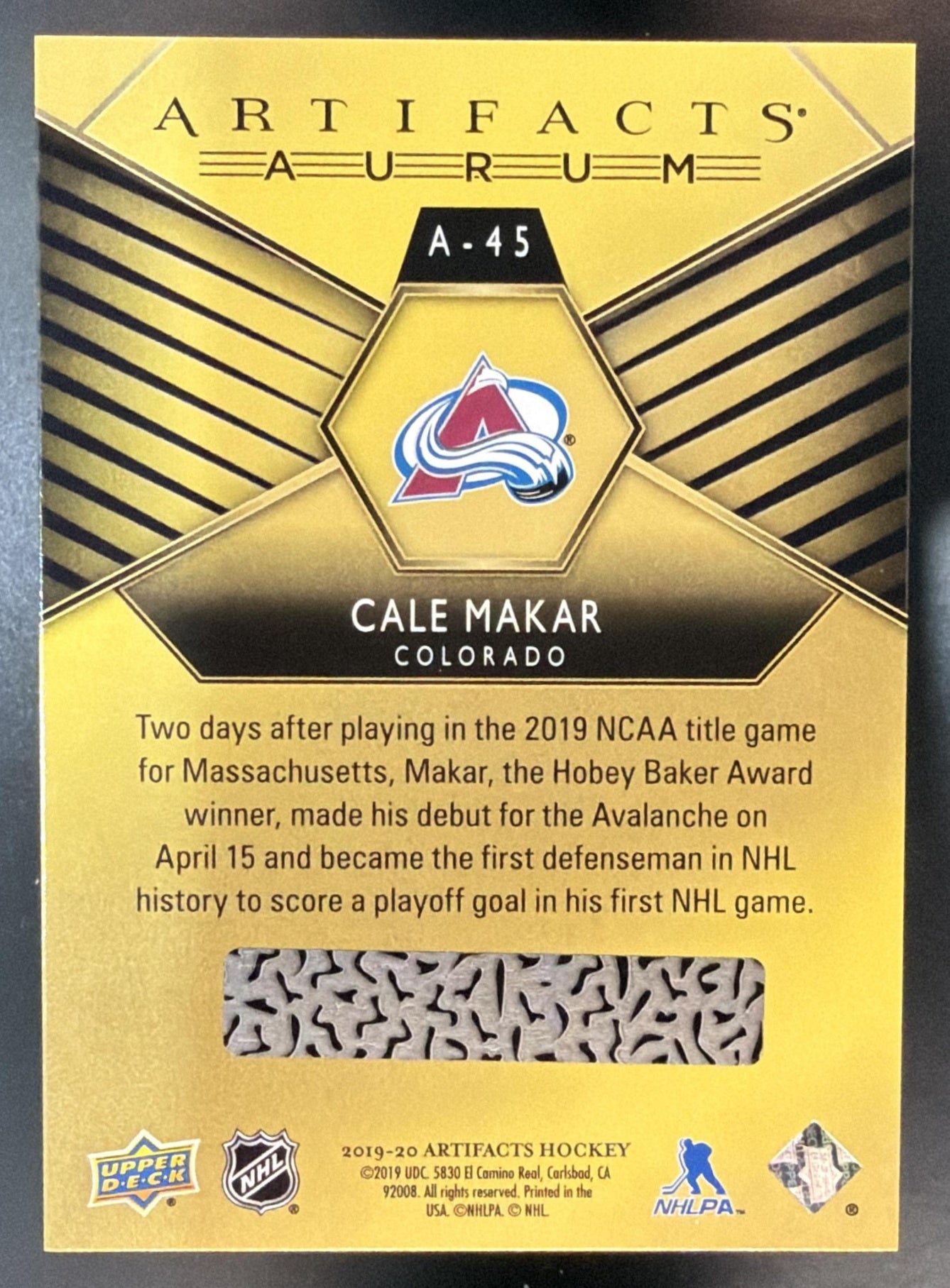 2019-20 Upper Deck Artifacts Cale Makar #A-45 Aurum RC Avalanche — back