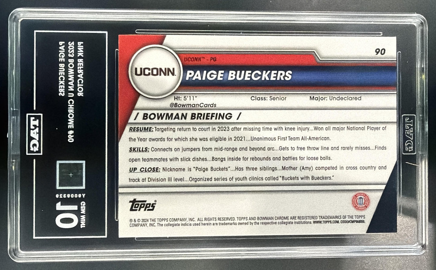 2023 Bowman University Chrome Paige Bueckers #90 Pink 1st Refractor TAG 10 — back