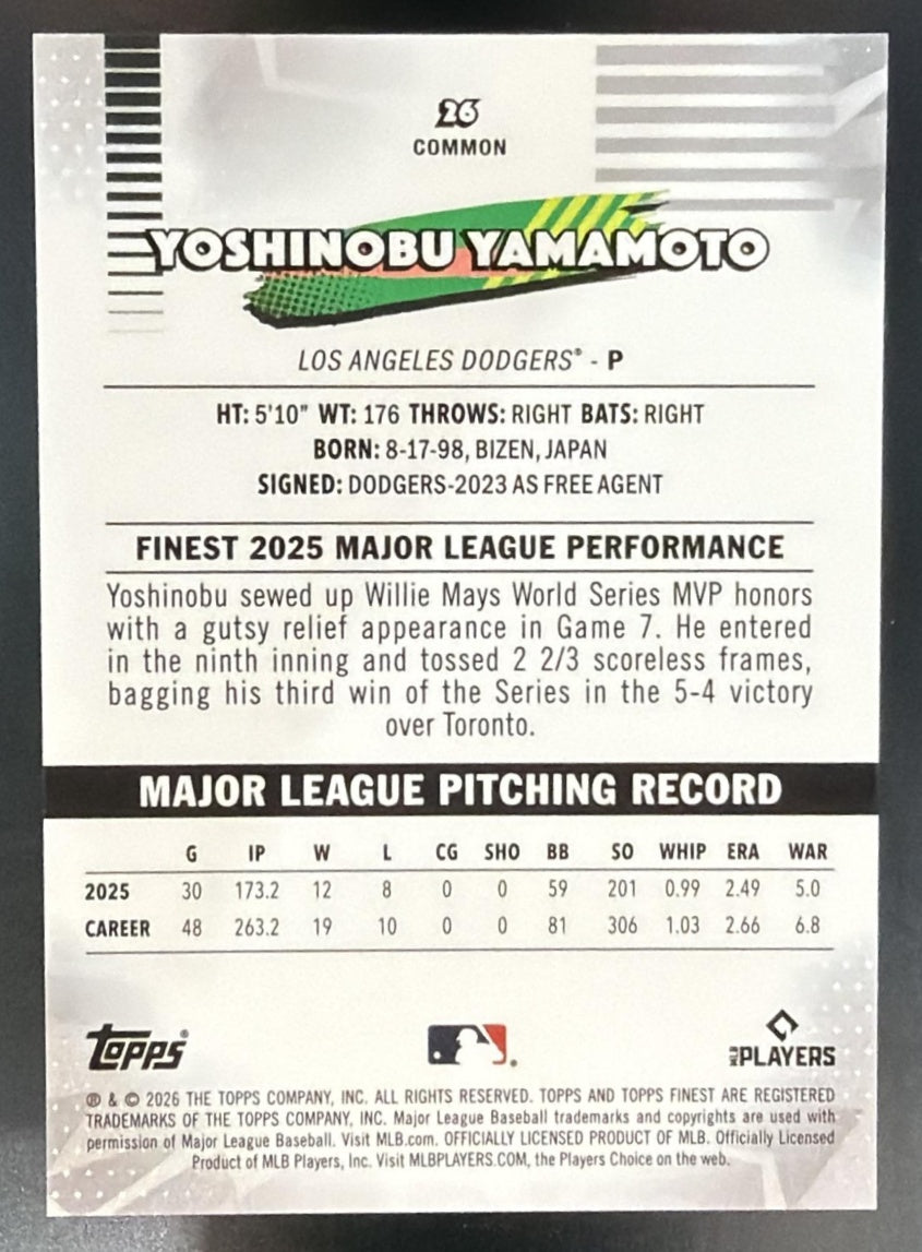 2026 Topps Finest Yoshinobu Yamamoto #26 Orange X-Fractor 22/25 Dodgers — back