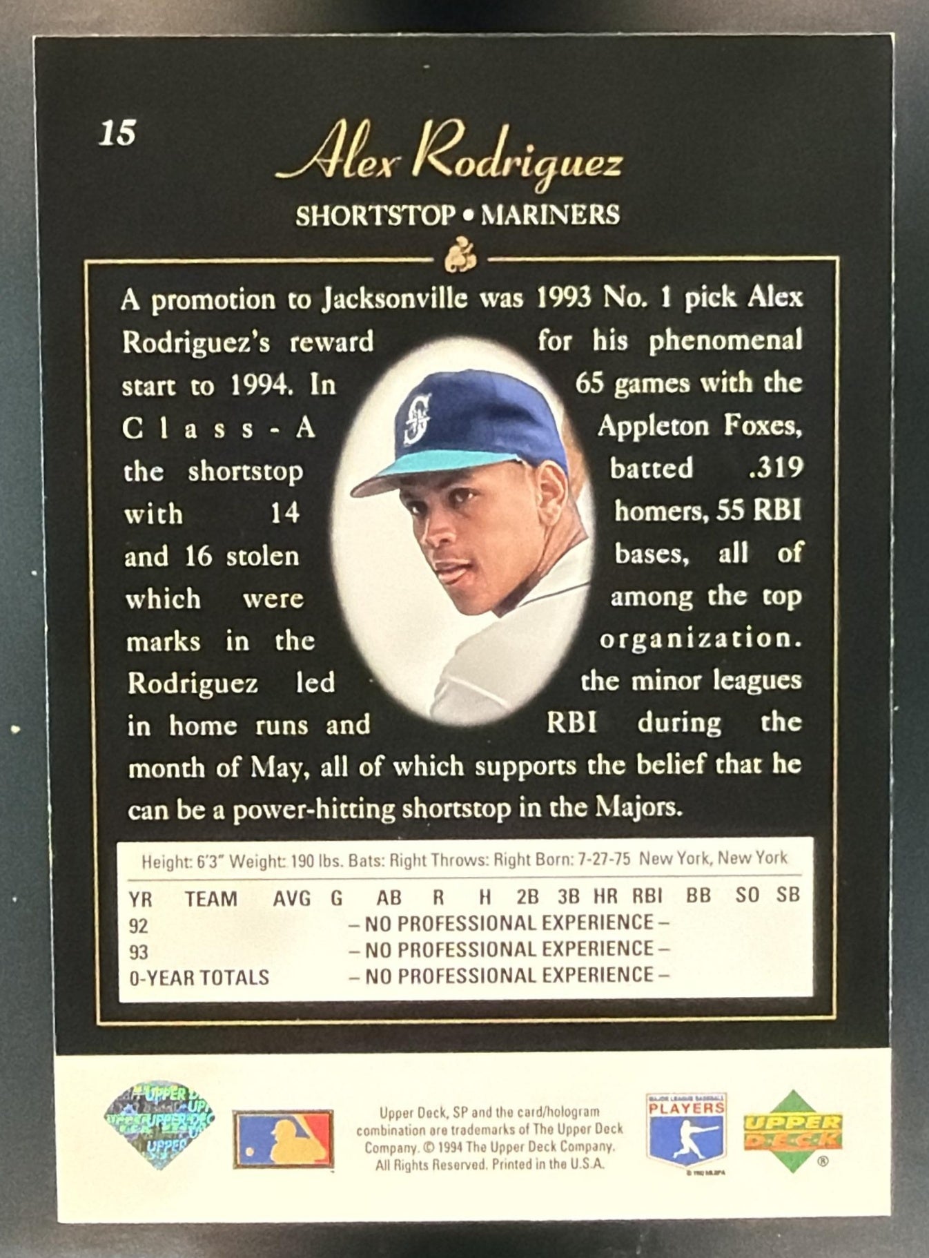 1994 SP Alex Rodriguez #15 RC Mariners — back