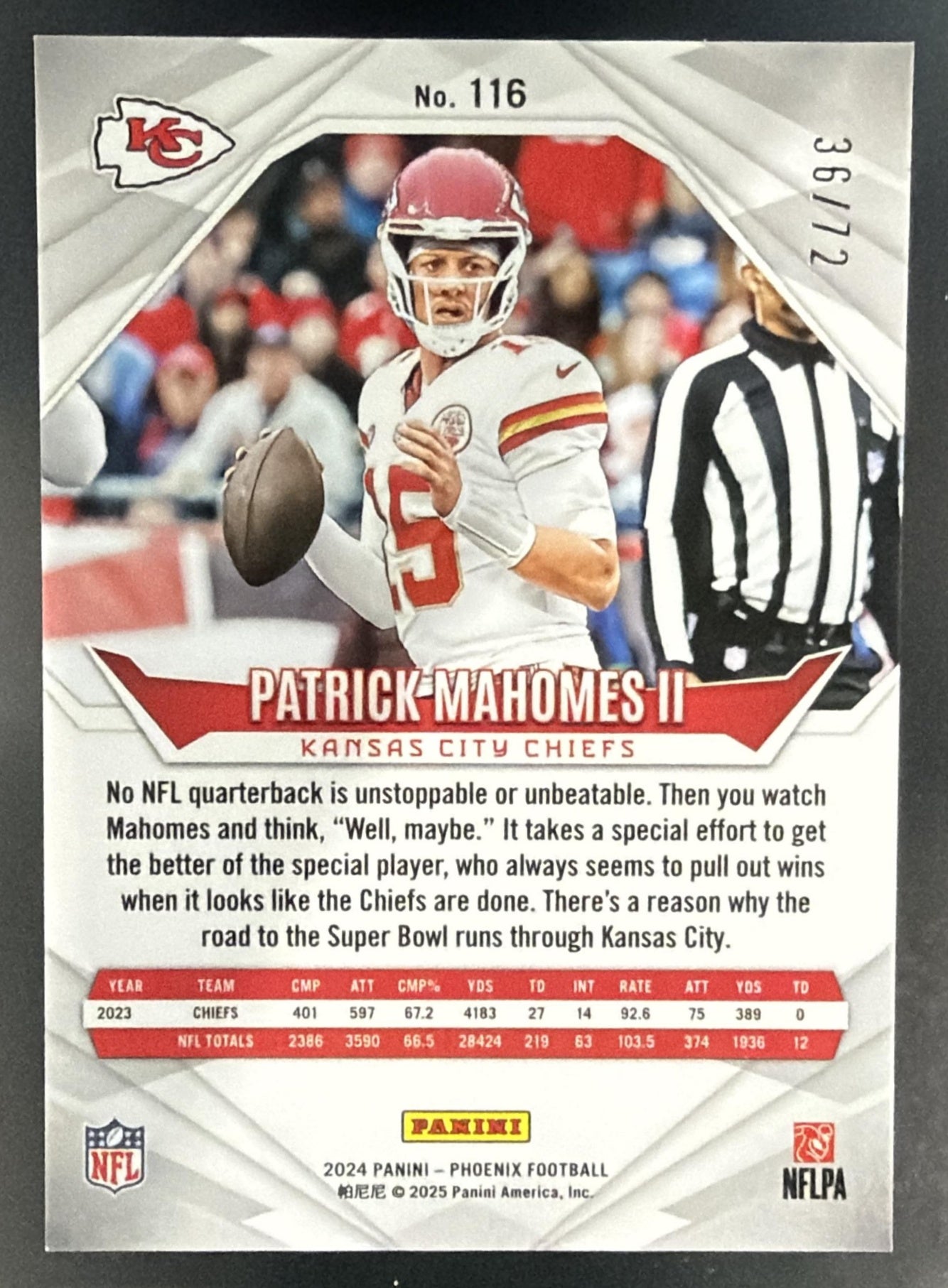 2024 Panini Phoenix Patrick Mahomes II #116 Teal Fade 36/72 Chiefs — back
