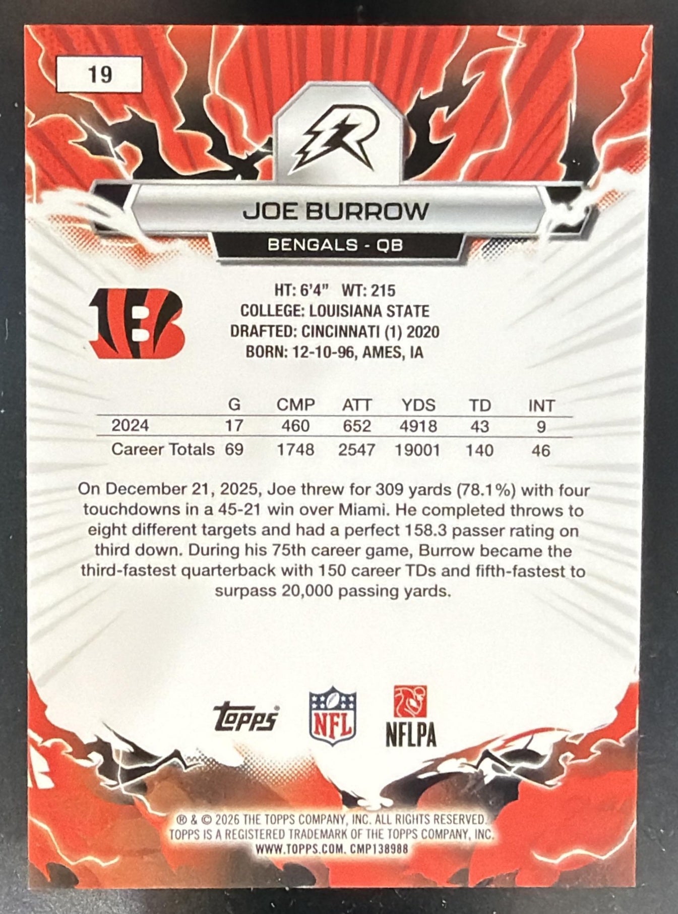 2025 Topps Resurgence Joe Burrow #19 Magenta Surge Refractor 132/299 Bengals — back