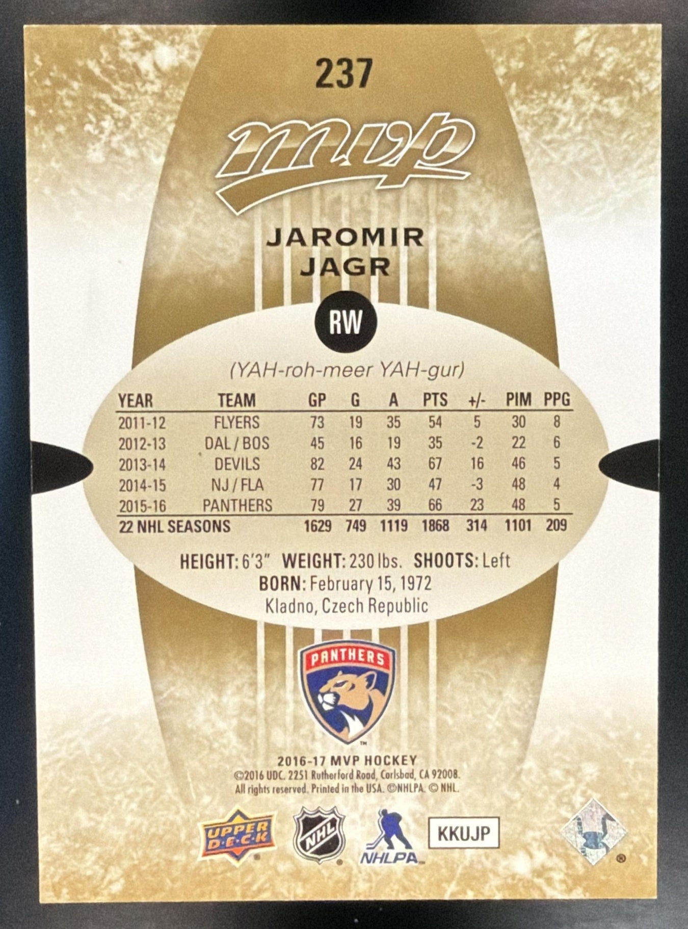 2016-17 Upper Deck MVP Jaromir Jagr #237 Gold Script 84/135 Panthers — back
