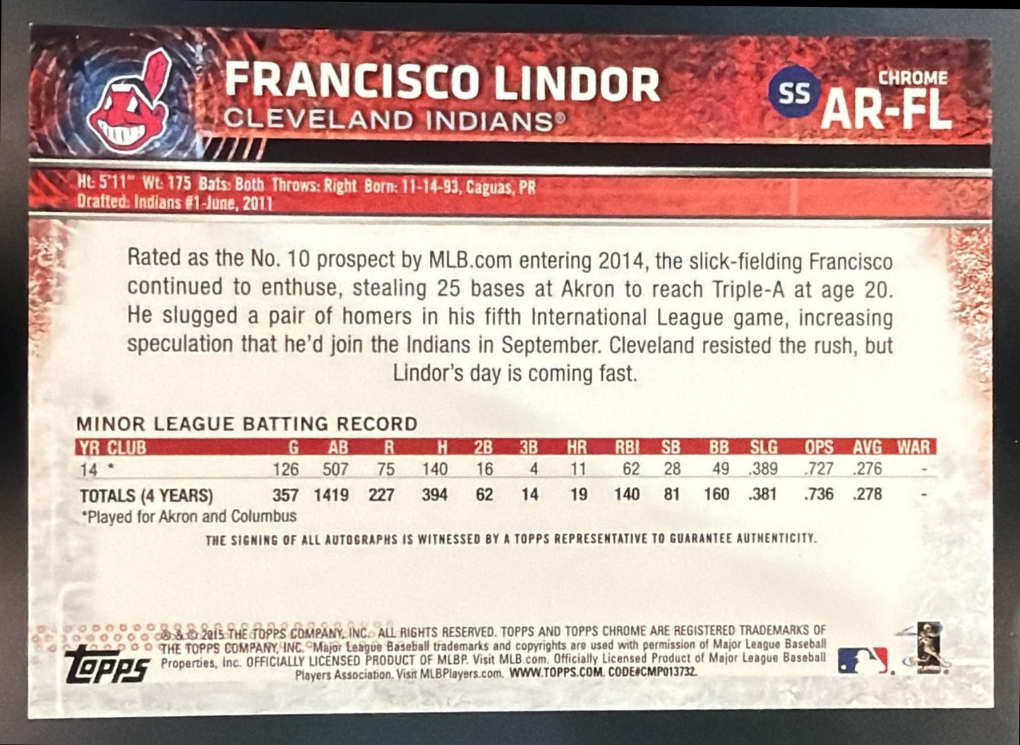 2015 Topps Chrome Francisco Lindor #AR-FL Auto Rookies RC Indians — back
