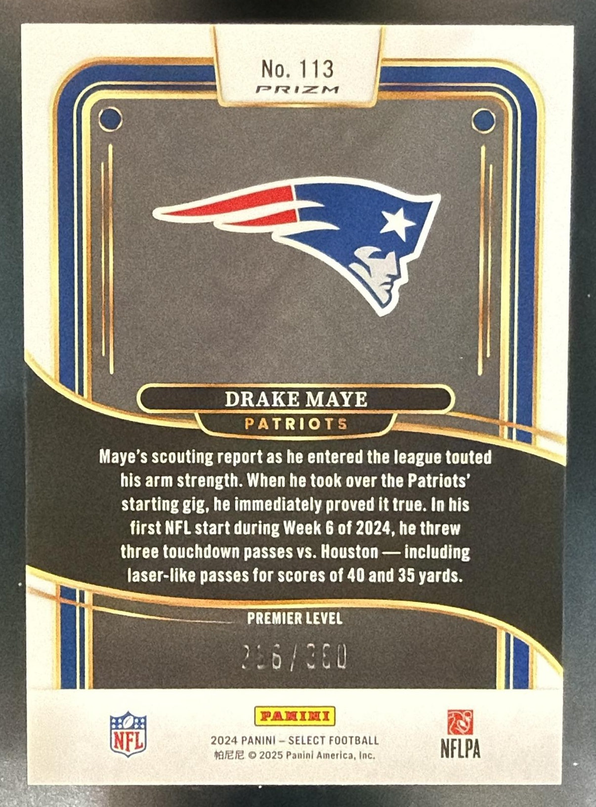 2024 Panini Select Drake Maye #113 Premier Purple Prizm Shock /360 RC — back