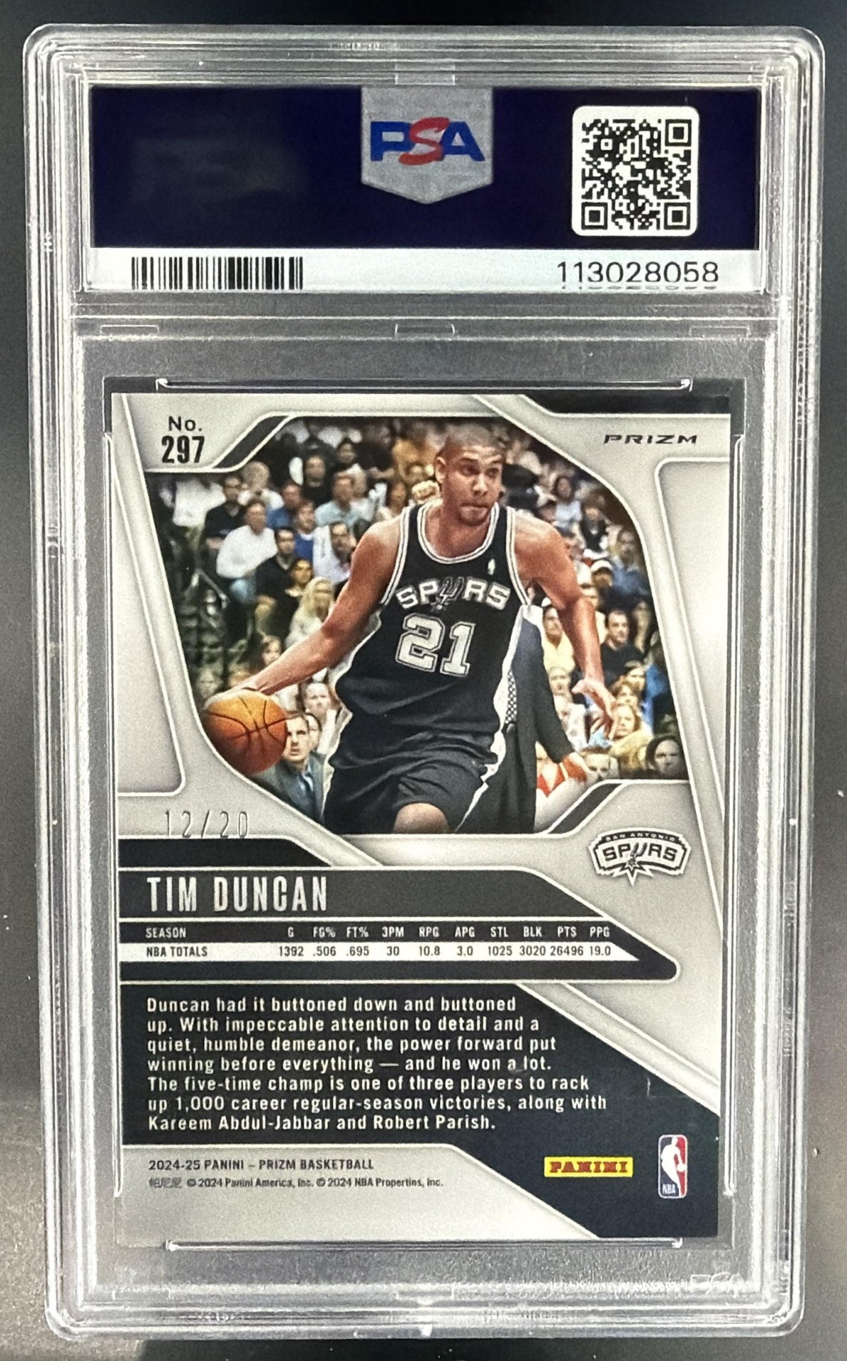 2024-25 Panini Prizm Tim Duncan #297 Choice Cherry Blossom 12/20 Spurs PSA 10 — back