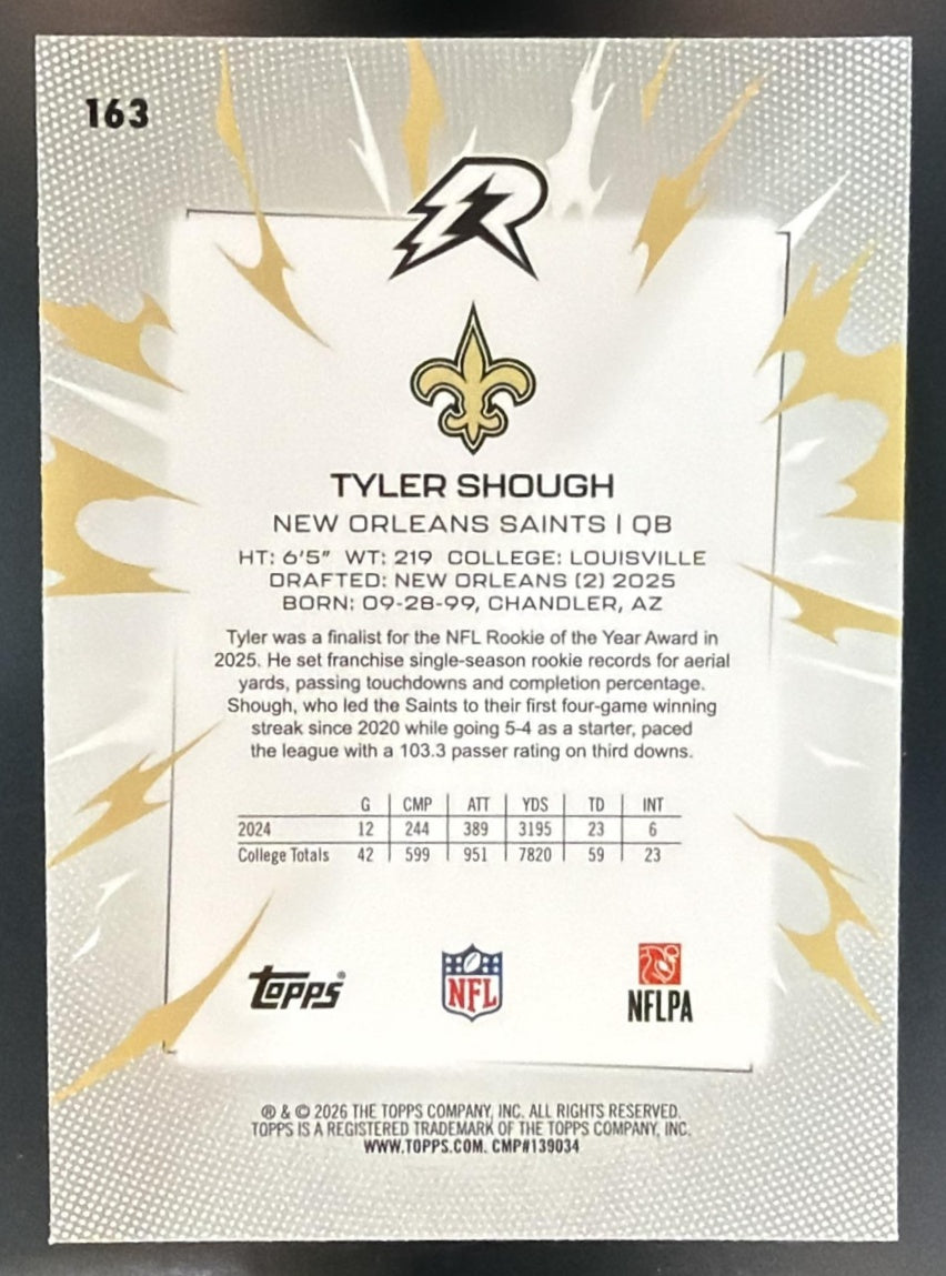2025 Topps Resurgence Tyler Shough #163 Sky Blue and Pink Shock Refractor RC — back
