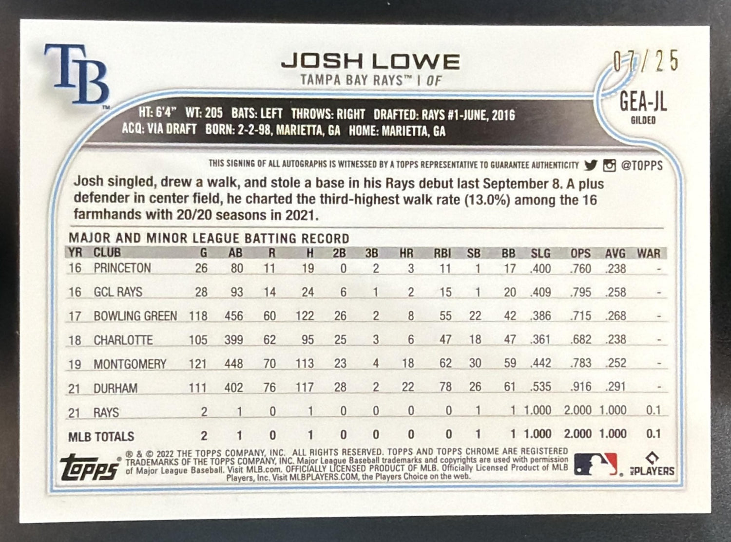 2022 Topps Gilded Collection Josh Lowe #GEA-JL Chrome Gold Etch Auto Rose /25 RC — back