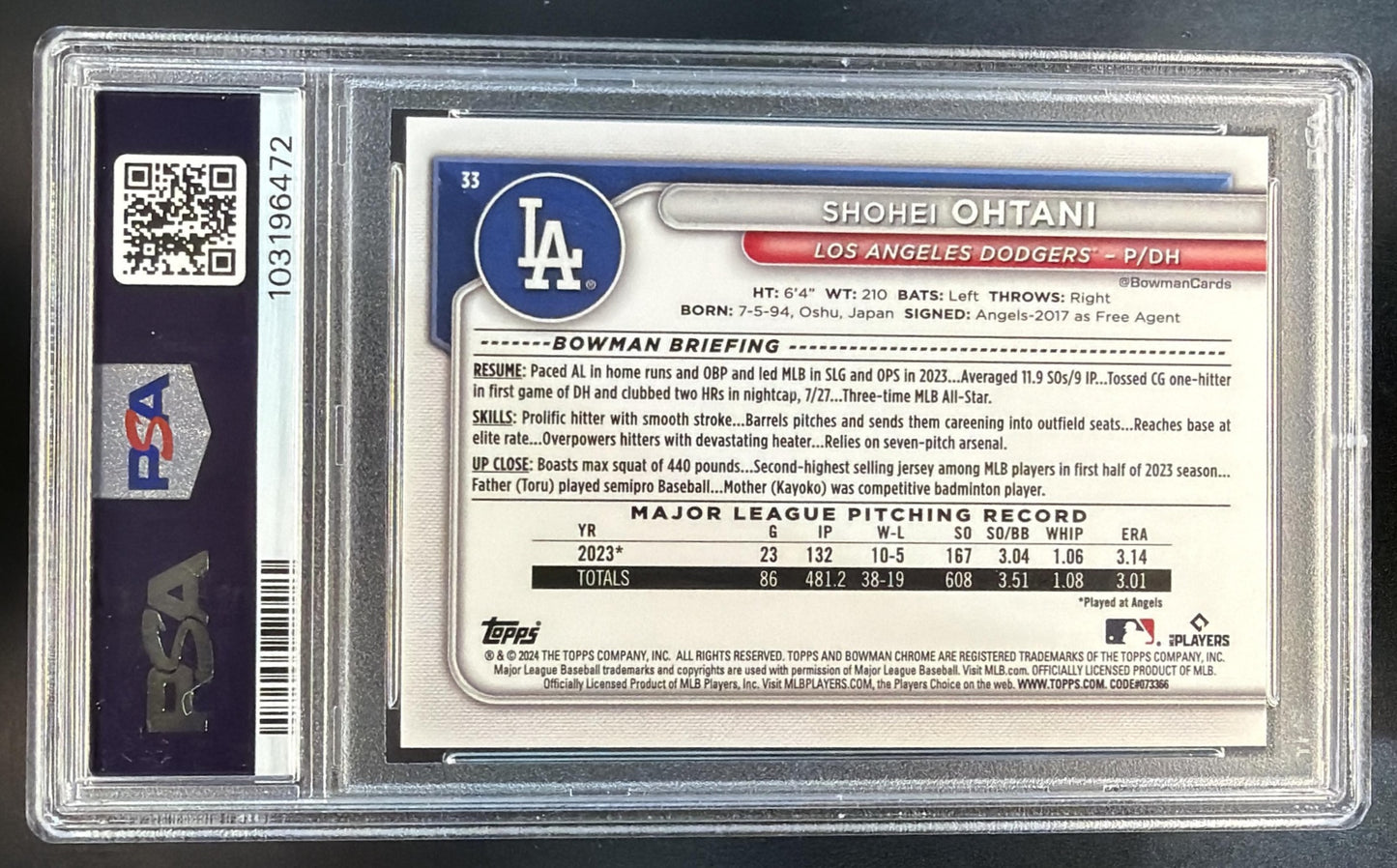 2024 Bowman Mega Box Shohei Ohtani #33 Mojo Refractor Dodgers PSA 8 — back