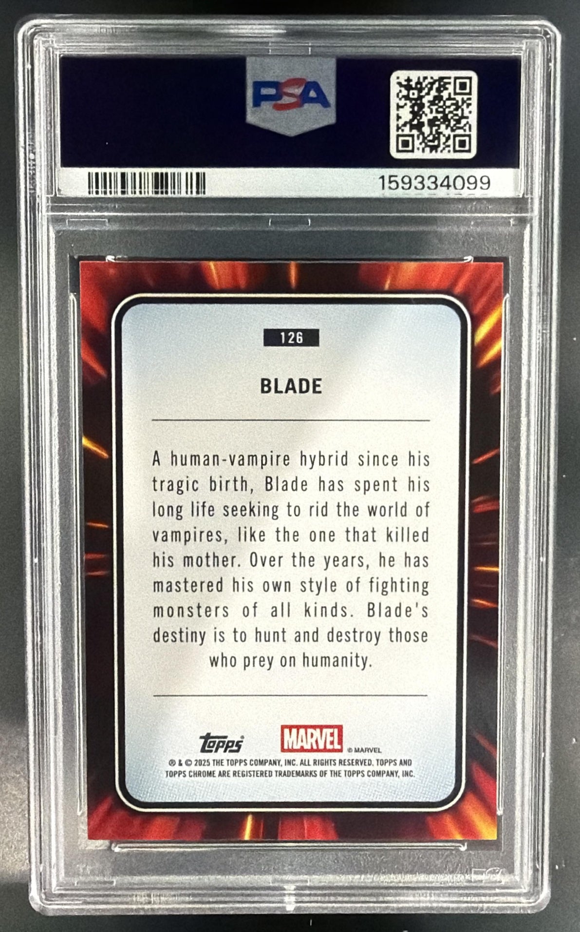 2025 Topps Chrome Marvel Sapphire Blade #126 Purple Refractor /15 PSA 9 — back