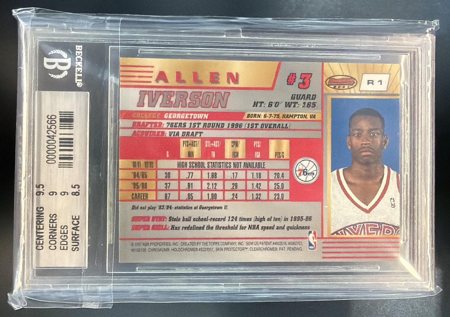 1996-97 Bowman's Best Allen Iverson #R1 RC 76ers BGS 9 — back